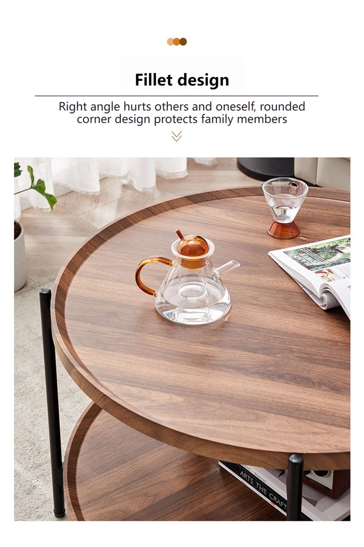 sharpdo-Multifunctional Double-Layer Living Room Sofa Round Table Side Table, Walnut Color, Waterproof Pane 4