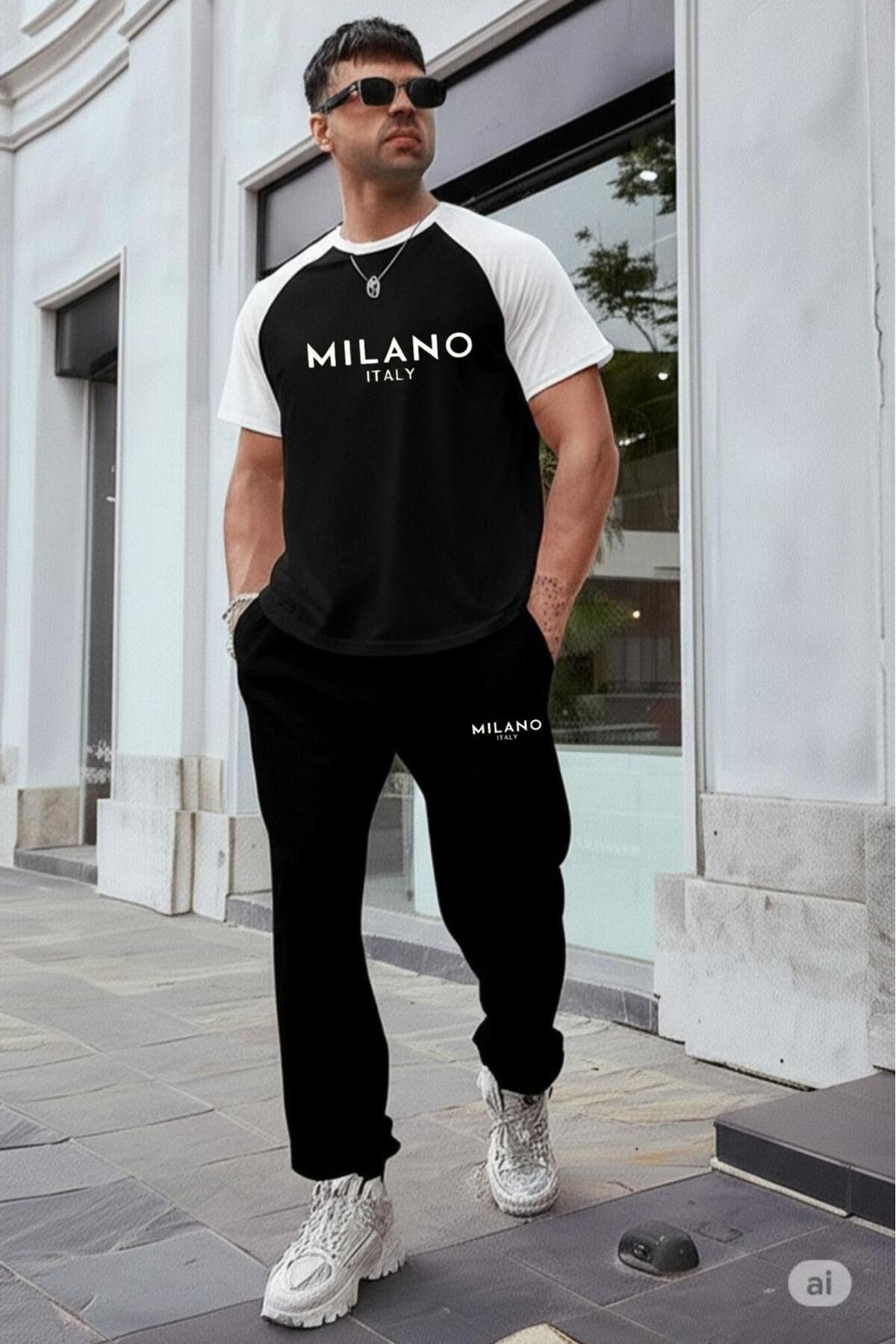 NO 601 Erkek Siyah-beyaz Reglan Oversize T-shirt Milano İtaly Baskılı Siyah Dar Eşofman Alt Takımı