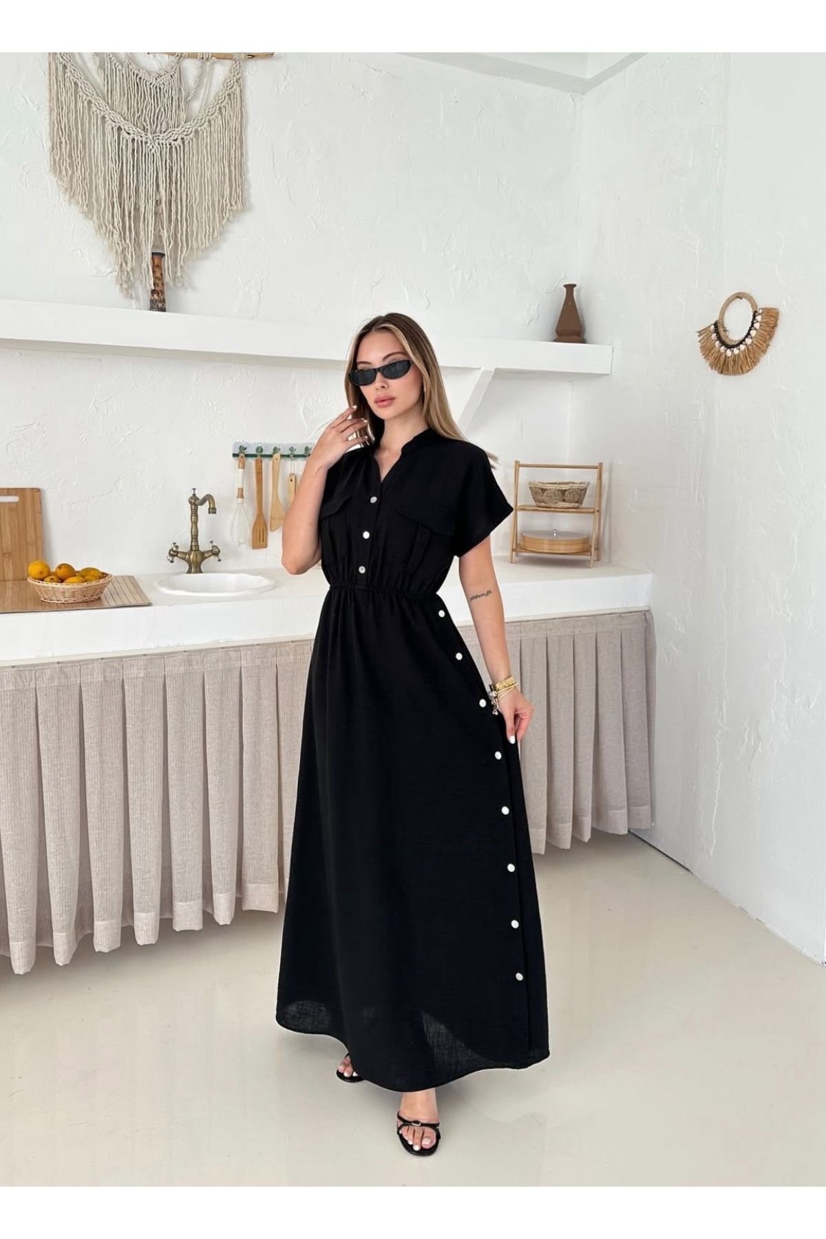 Ekim Store Full Düğmeli Yırtmaçlı Maxi Elbise