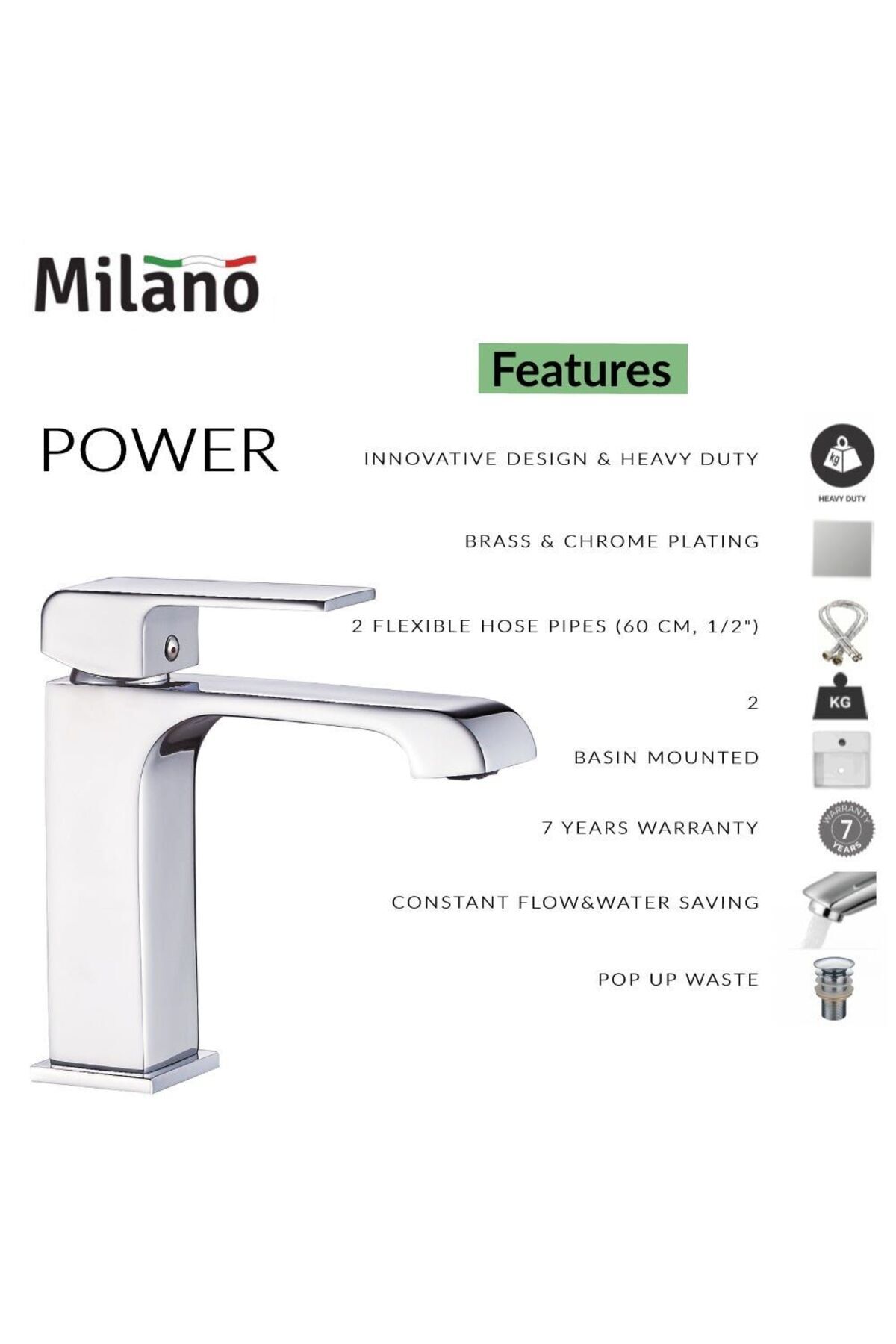 Danube Home-: Milano Power Wash Basin Mixer W/ Pop Up Waste 3