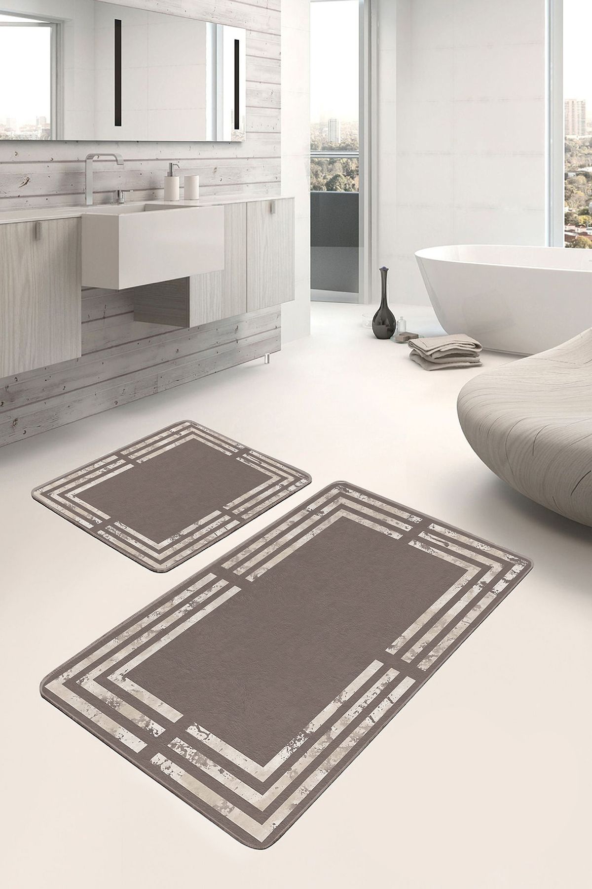 Realhomes Kahverengi Beyaz Zeminde Çerçeveli Motifli Mermer Desenli Sade Şık 2'li Banyo & Mutfak Paspas Takımı