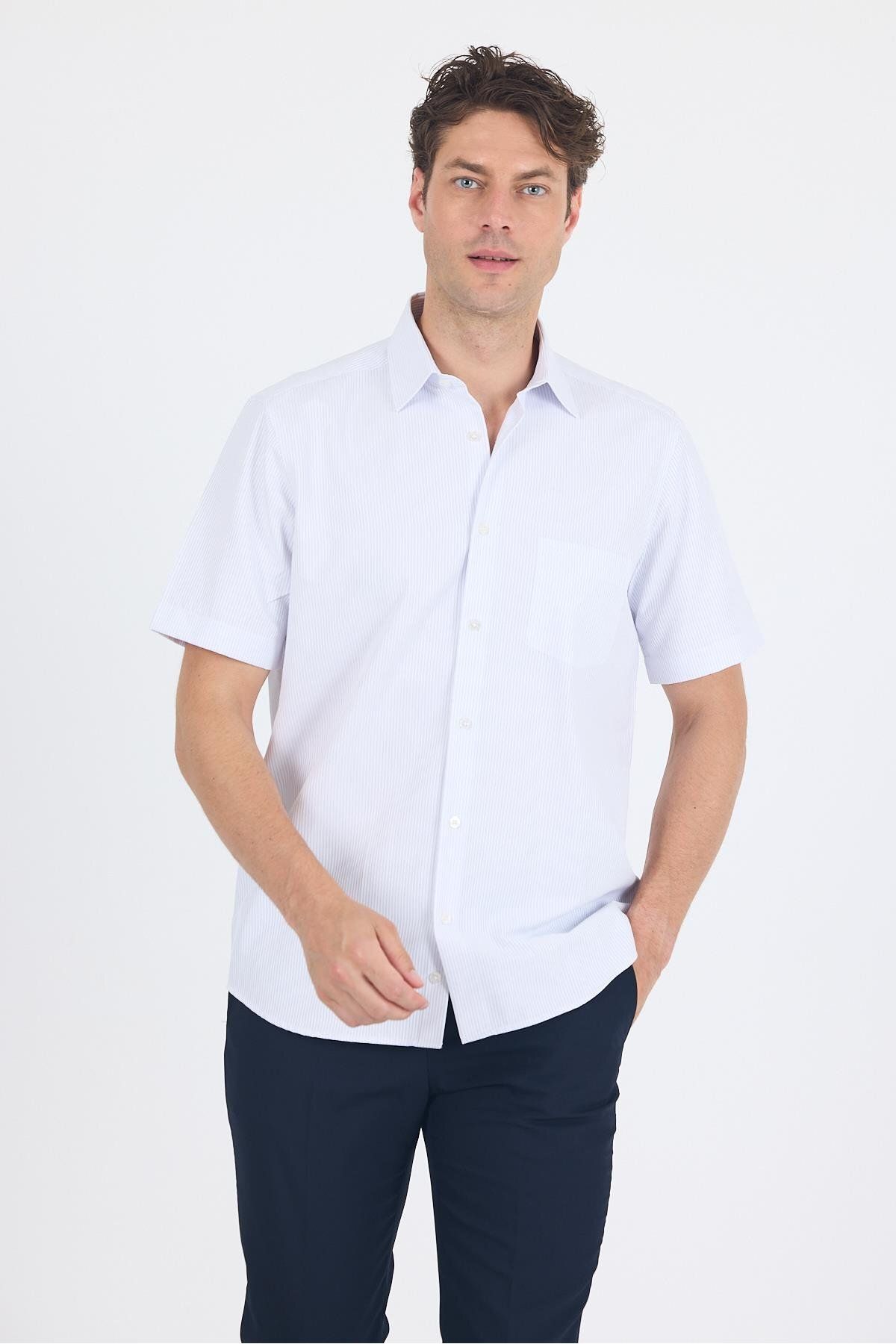 İmza Beyaz-Mavi Sert Yaka Kısa Kol Cepli Comfort Fit Cls Gömlek 1004250262