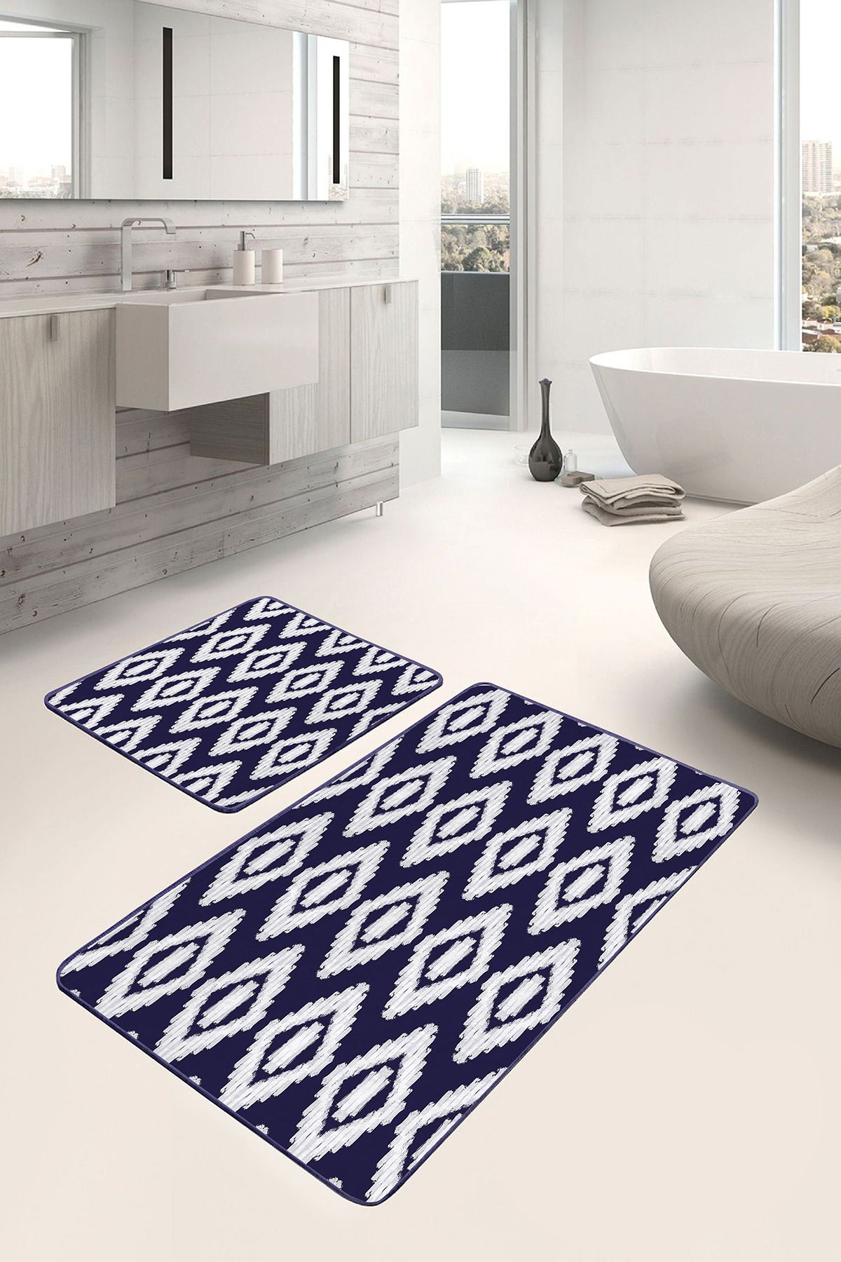 Realhomes 2'li Set Lacivert - Beyaz Zeminde Örgü Motifli Kilim Klasik Geometrik 2'li Banyo Paspas Takımı