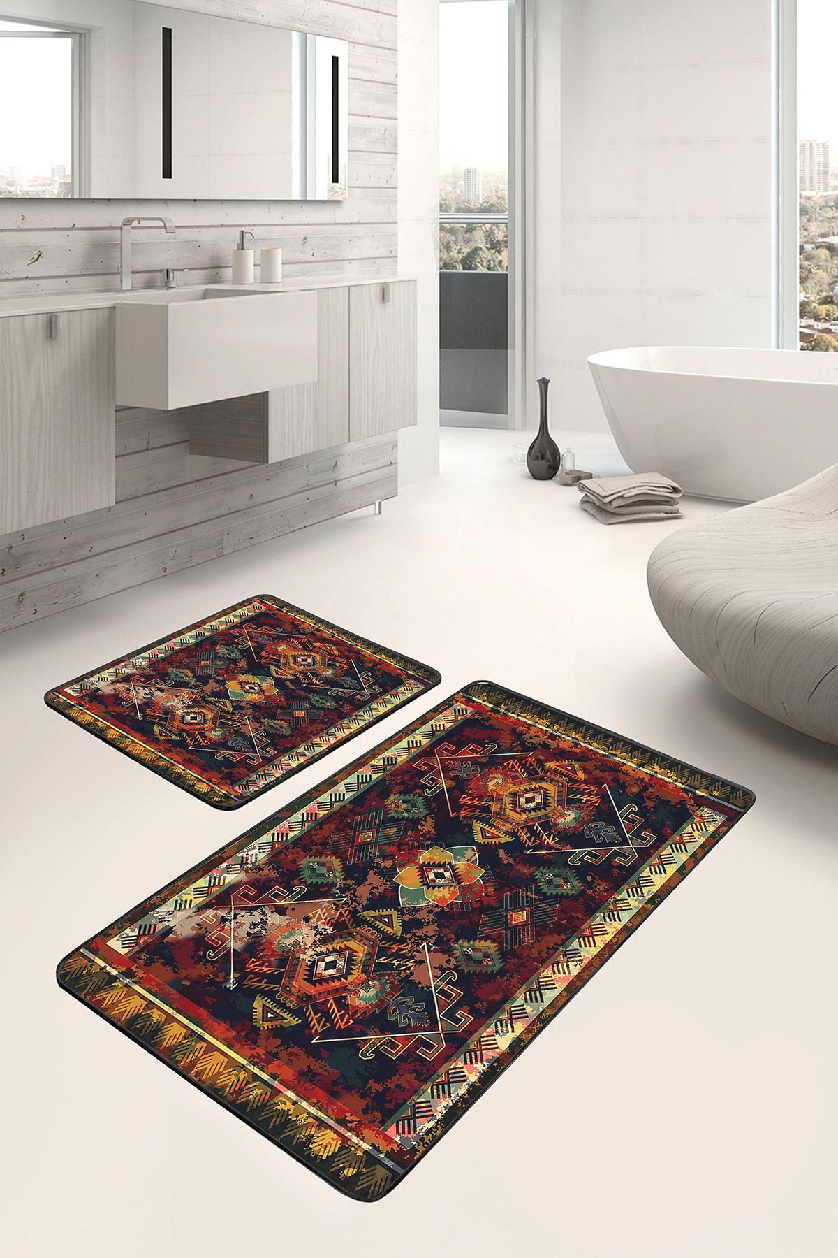 Realhomes Lacivert Zeminde Eskitme Motifli Kilim Eskitme Motifli Etnik Motifler 2'li Banyo Mutfak Paspas Takım