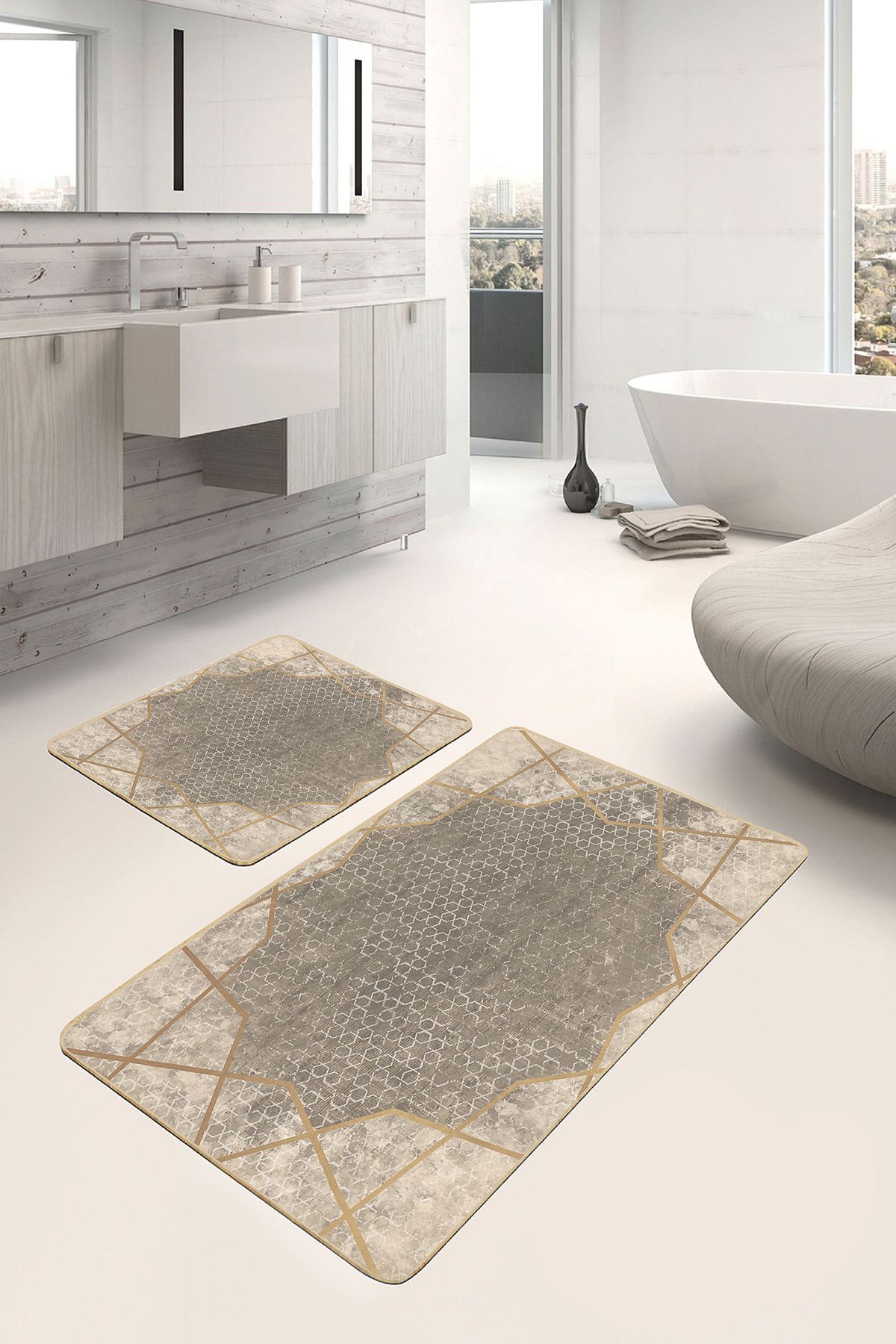 Realhomes Krem Zeminde Çerçeveli Motifli Geometrik Geometrik Eskitme Motifli 2'li Banyo & Mutfak Paspas Takımı