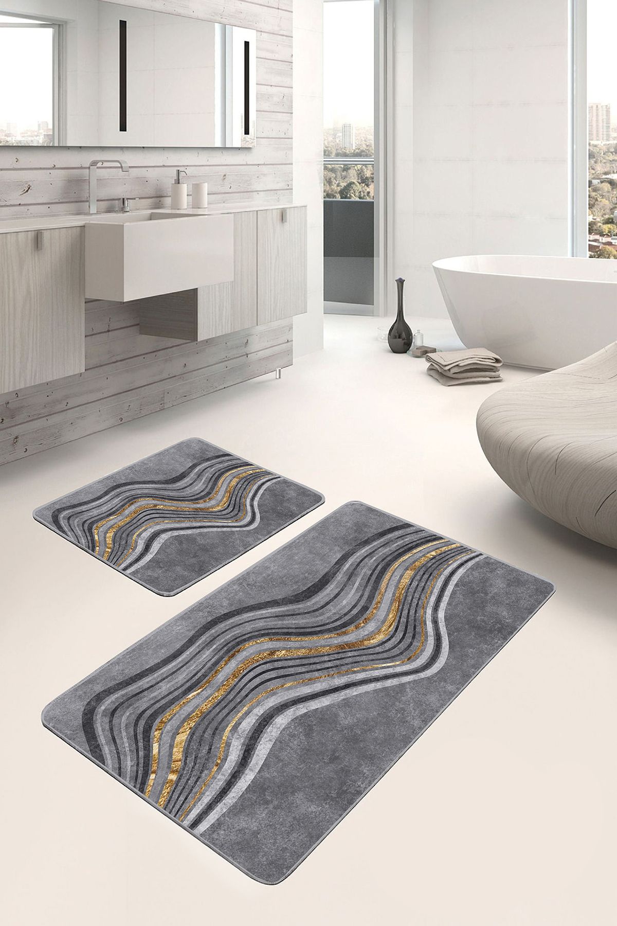 Realhomes 2'li Set Gri - Gold Zeminde Altın Motifli Kanvas Desenli Sade & Şık Klasik 2'li Banyo Paspas Takımı