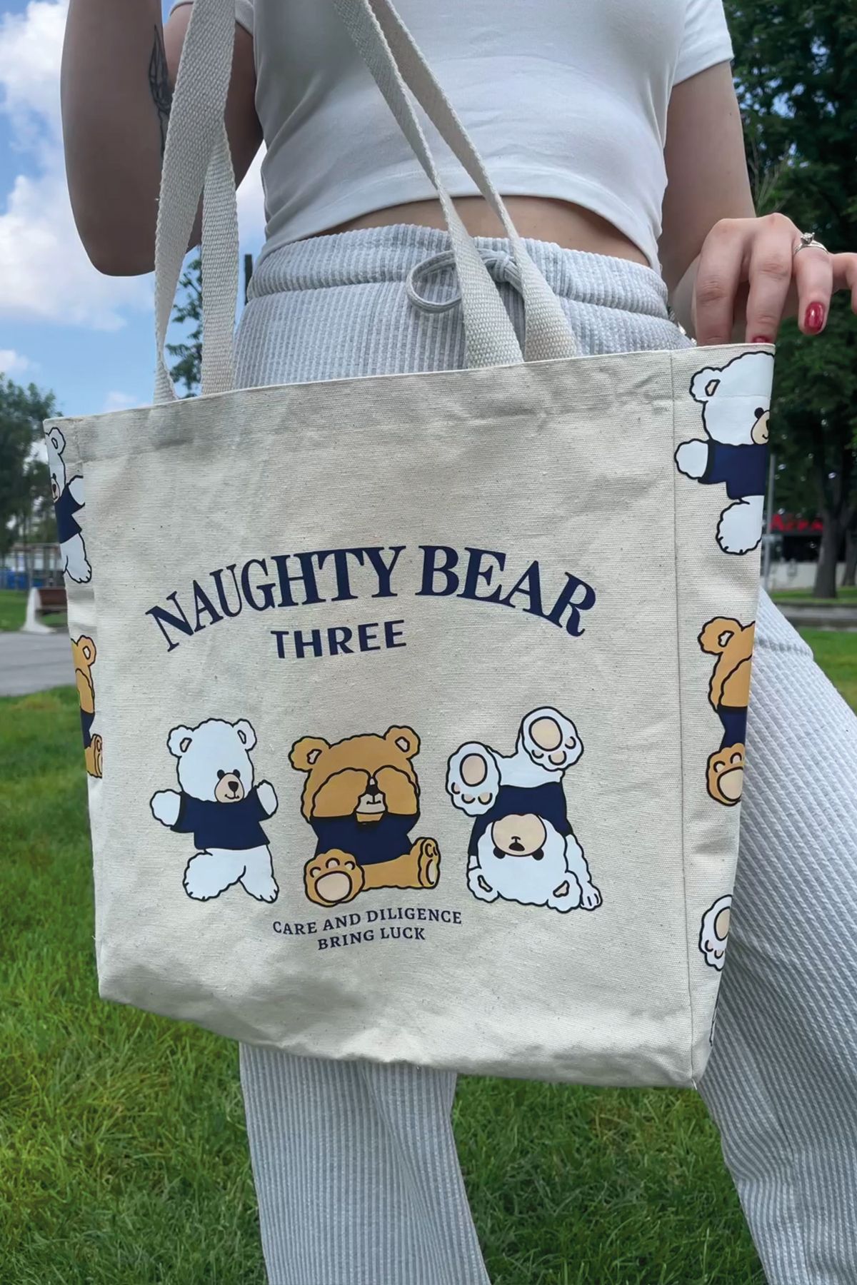 Bagari Bear-Günlük Kanvas Çanta,Plaj Çantası,İç Cepli,Çitçıtlı,Yıkanabilir