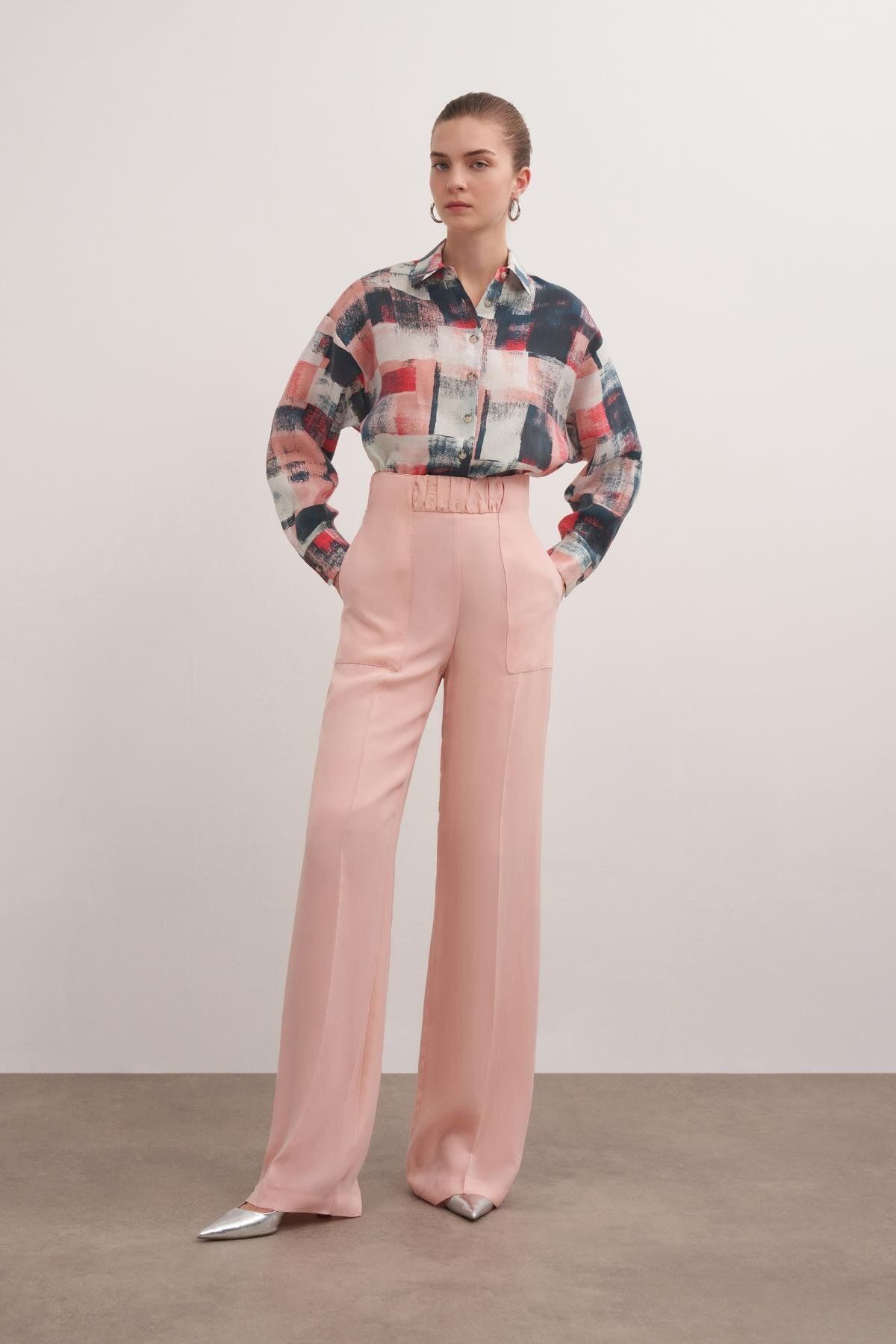 BİRELİN Aplike Cep Görünümlü Cupro Pantolon Pembe