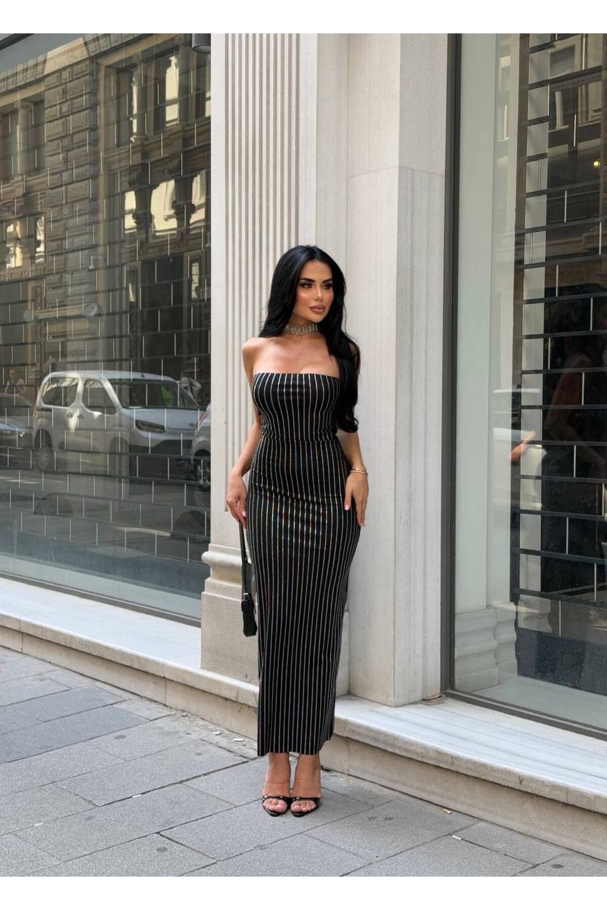 limited black Maxi Boy Zirkonyum Taşlı Straplez Elbise