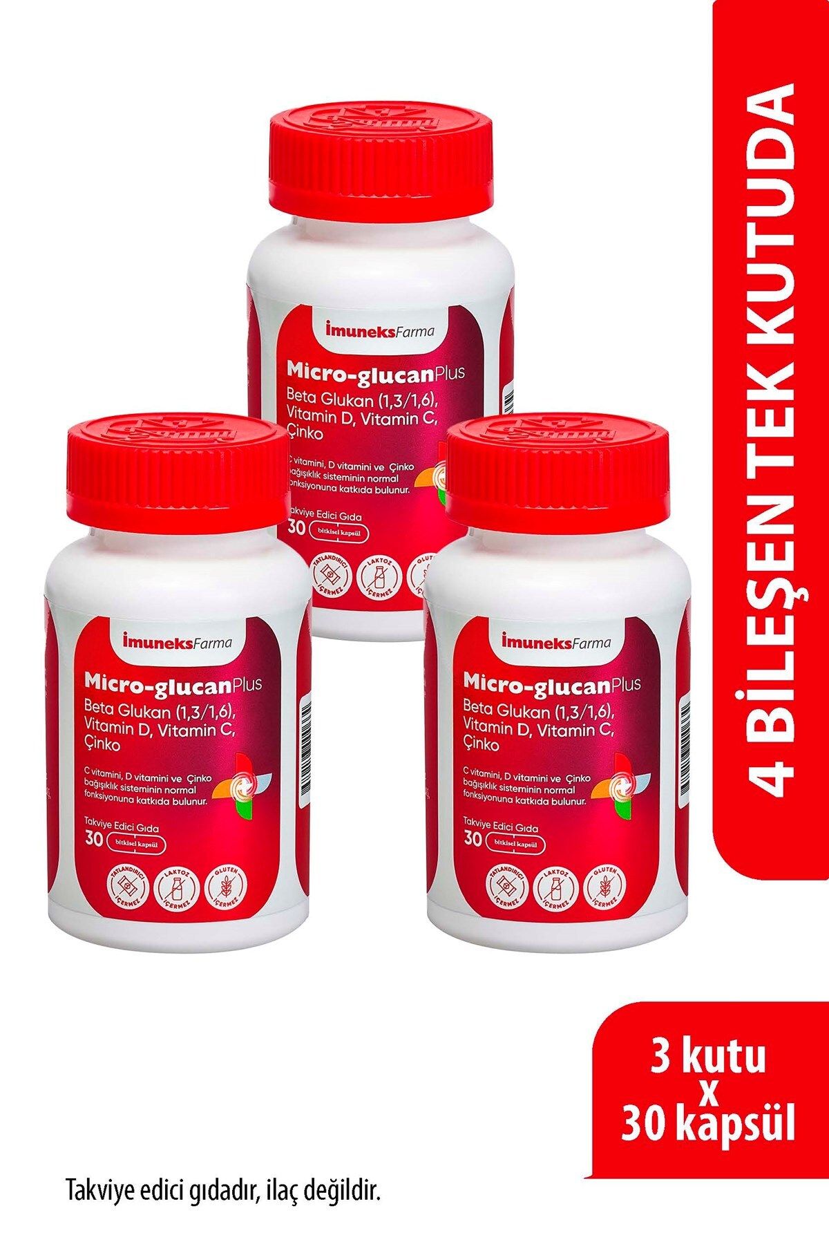 Imuneks Farma Mikro-Glucan Plus Beta Glukan (1,3/1,6) Vitamin D,C,Çinko İçeren Takviye Edici Gıda 30 Kapsül x3 Ad