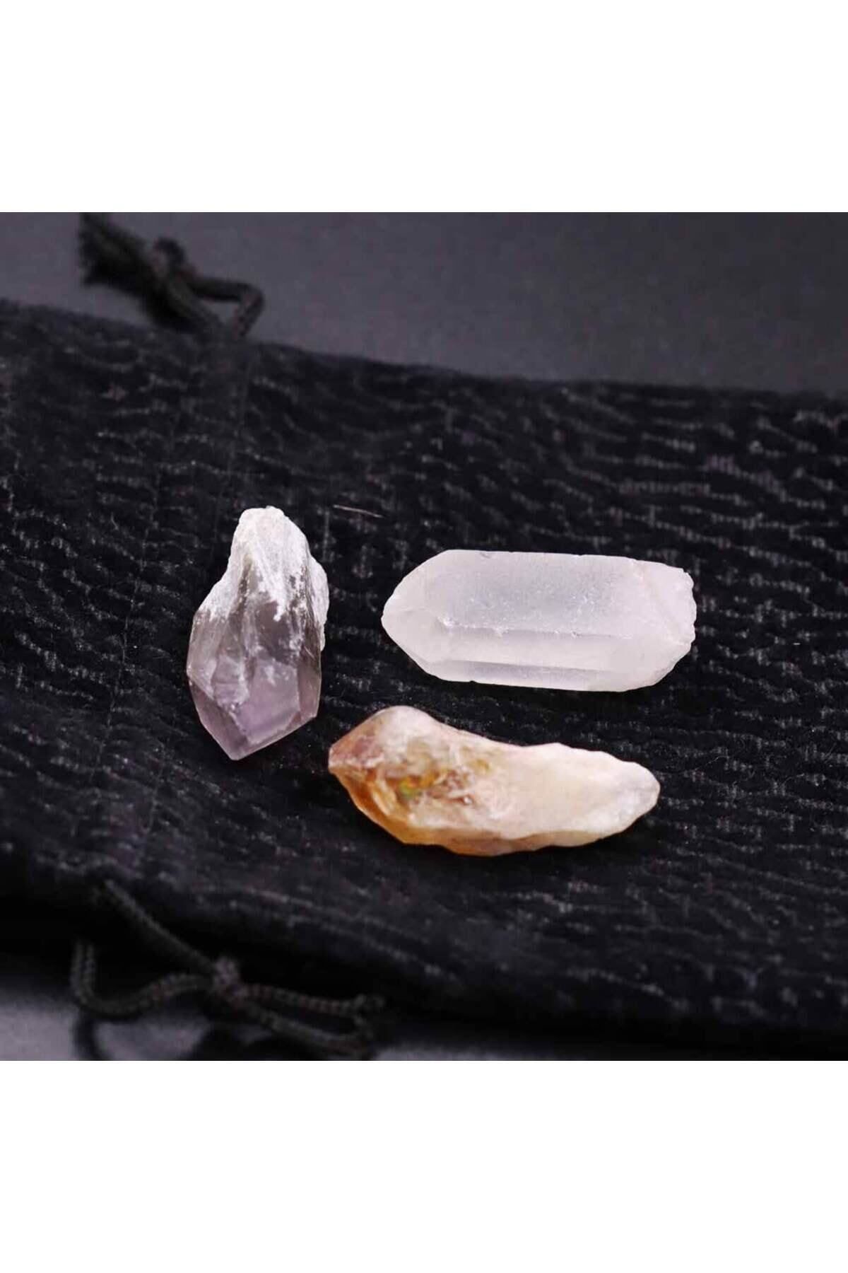 Elioure Doğal Taş Seti, Ametist, Kuvars, Sitrin, Ham Kütle, 4-8gr, 3'lü Paket