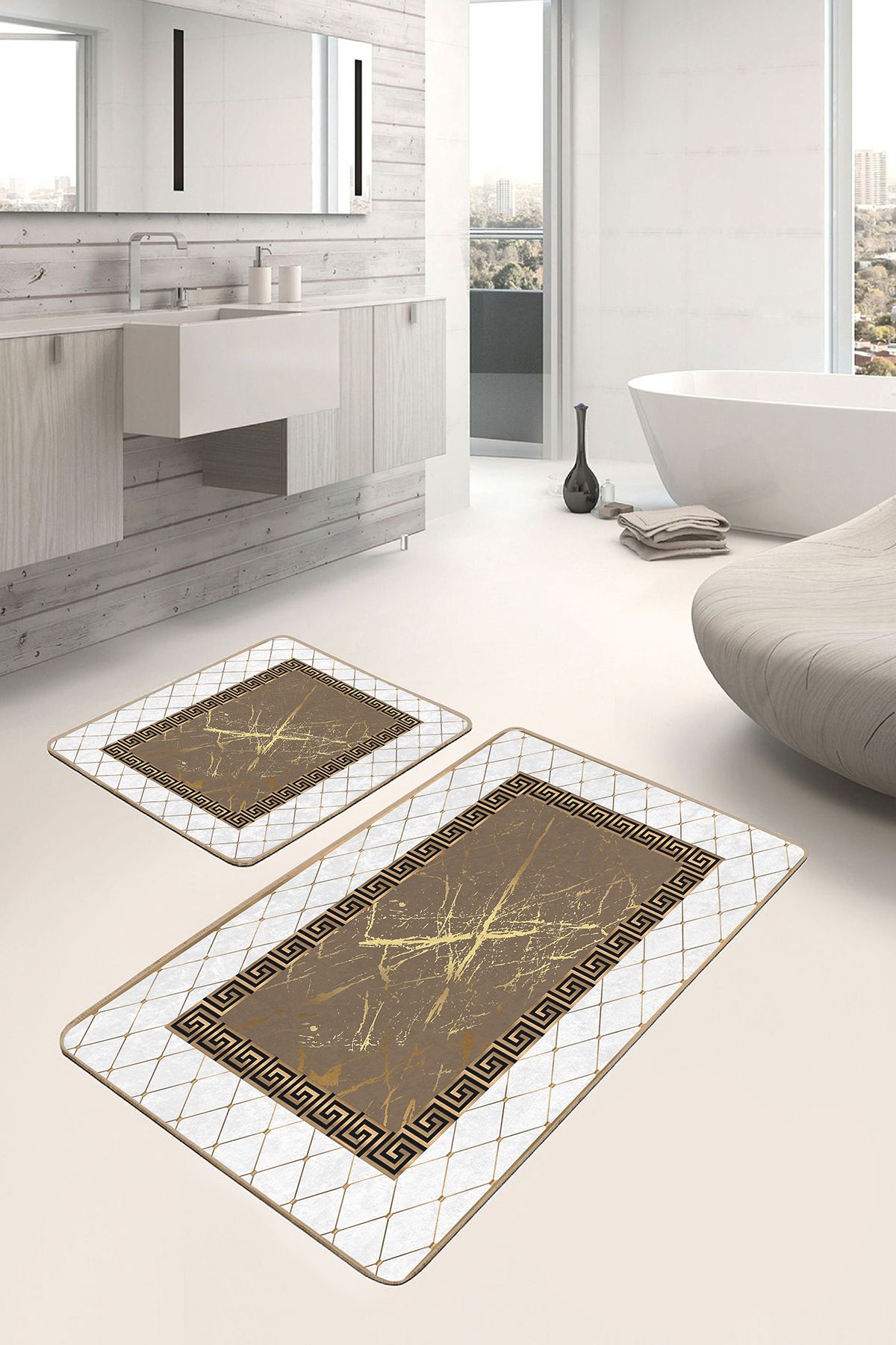 Realhomes 2'li Set Beyaz- Gold Zeminde Çerçeveli Motifli Otantik Geometrik Klasik 2'li Banyo Paspas Takımı