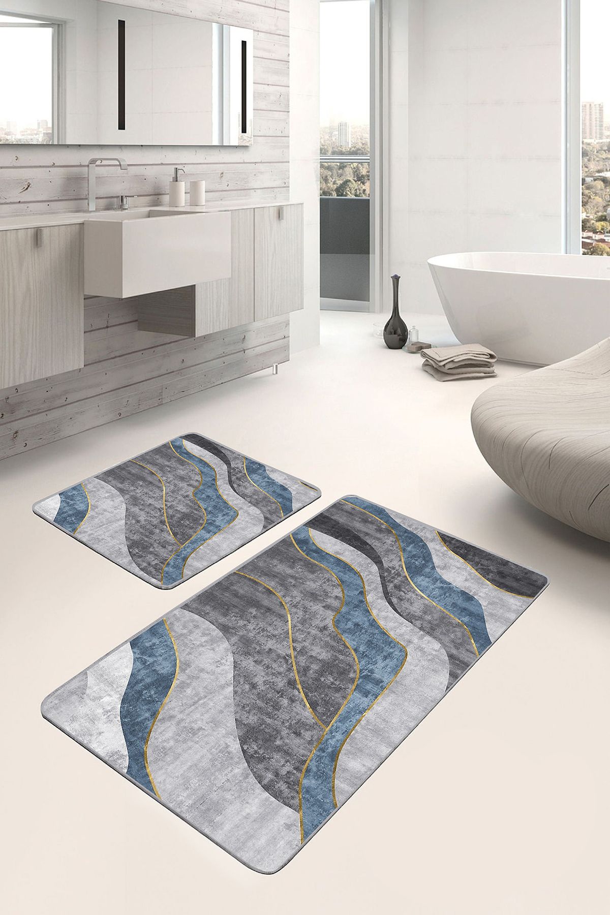 Realhomes Füme - Mavi Zeminde Kanvas Motifli Modern Sanat Sade & Şık Klasik 2'li Banyo & Mutfak Paspas Takımı