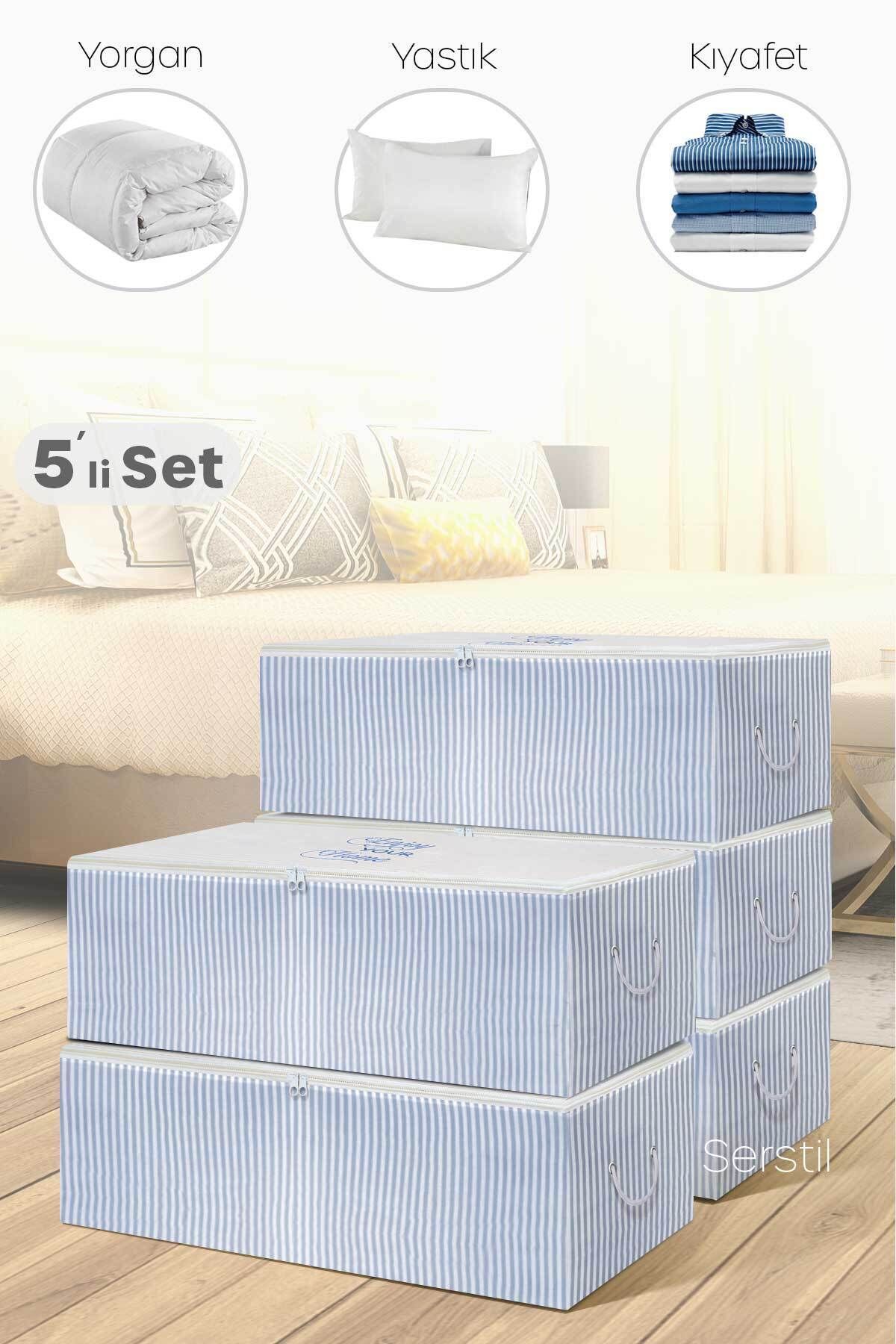 teknotrust 5'li set büyük boy mavi çizgili baza altı hurç 62x46x22 cm