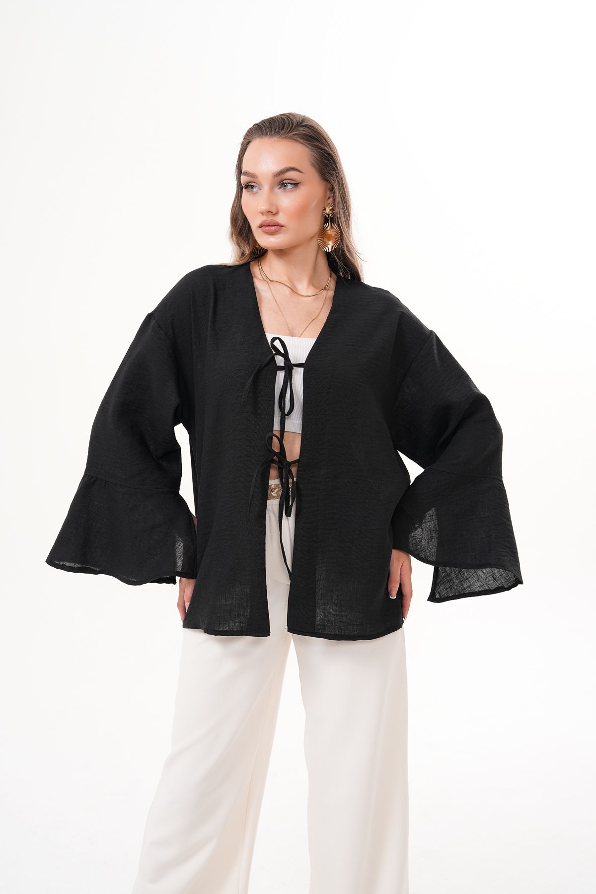 happinice Kadın Siyah Çift Bağlamalı Keten Kimono