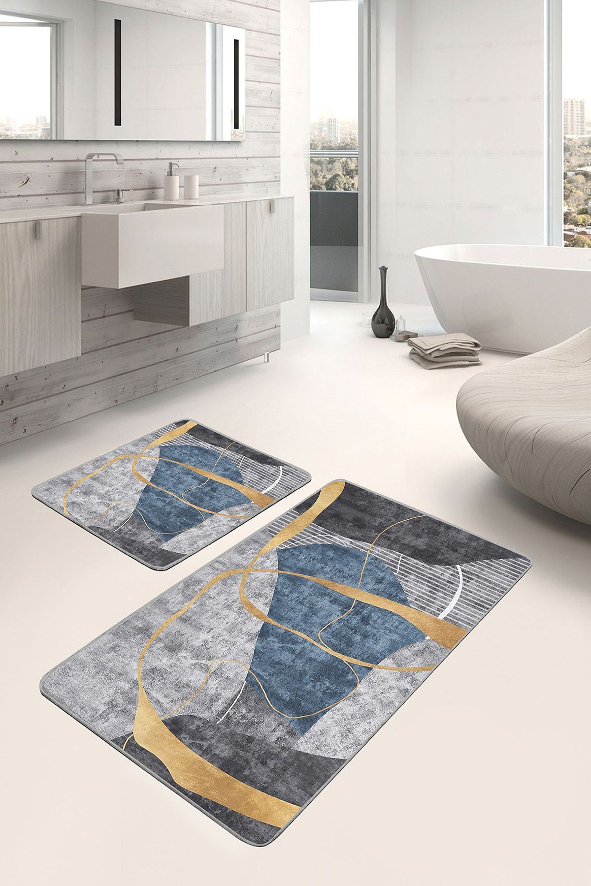Realhomes 2'li Set Gold Mavi Zeminde Geometrik Motifli Gold Desenli Geometrik Klasik 2'li Banyo Paspas Takımı