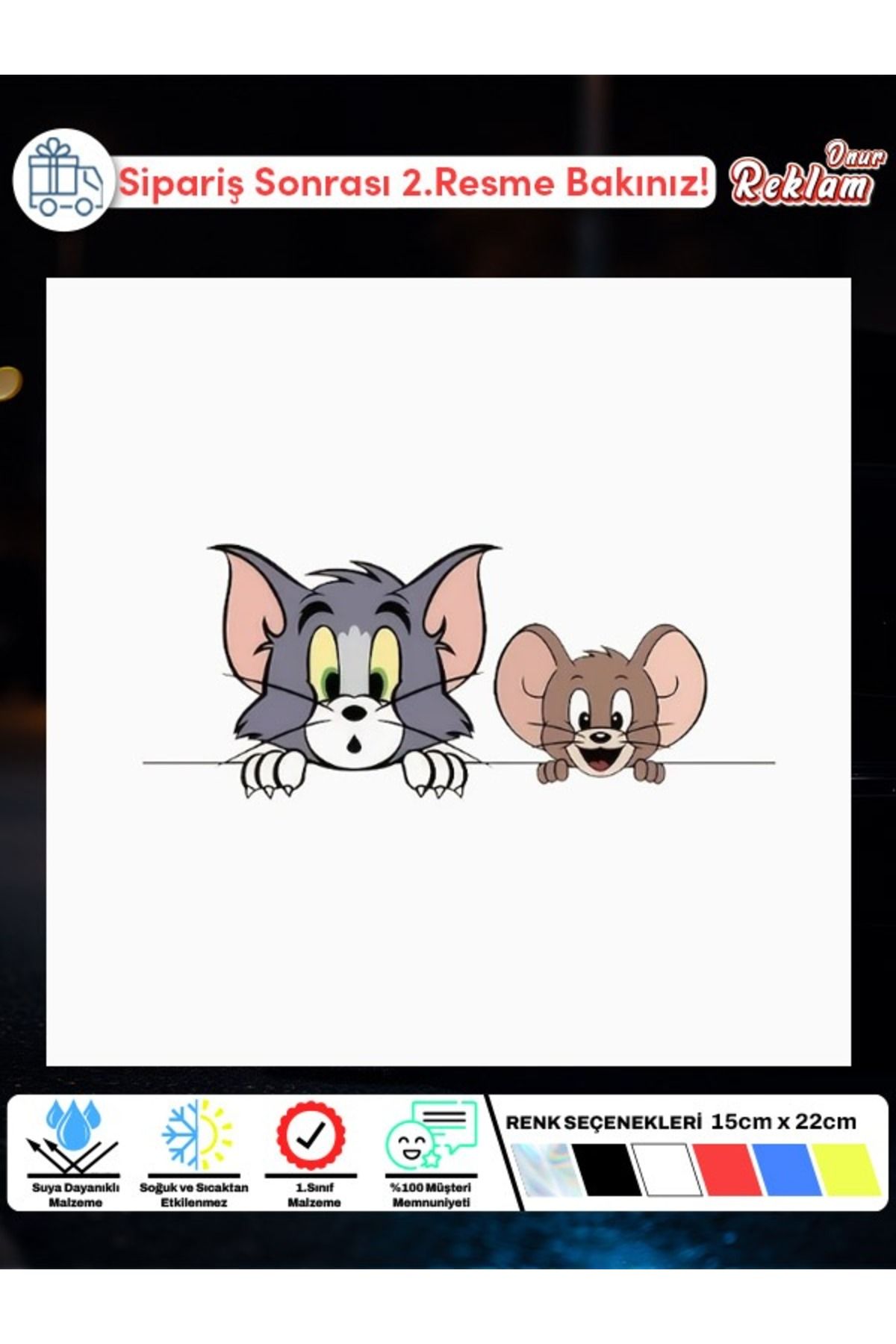 Onur Reklam Tom & Jerry Araba Cam Stickerı – 15x22 cm | Suya Dayanıklı Renkli Karakter Çıkartması