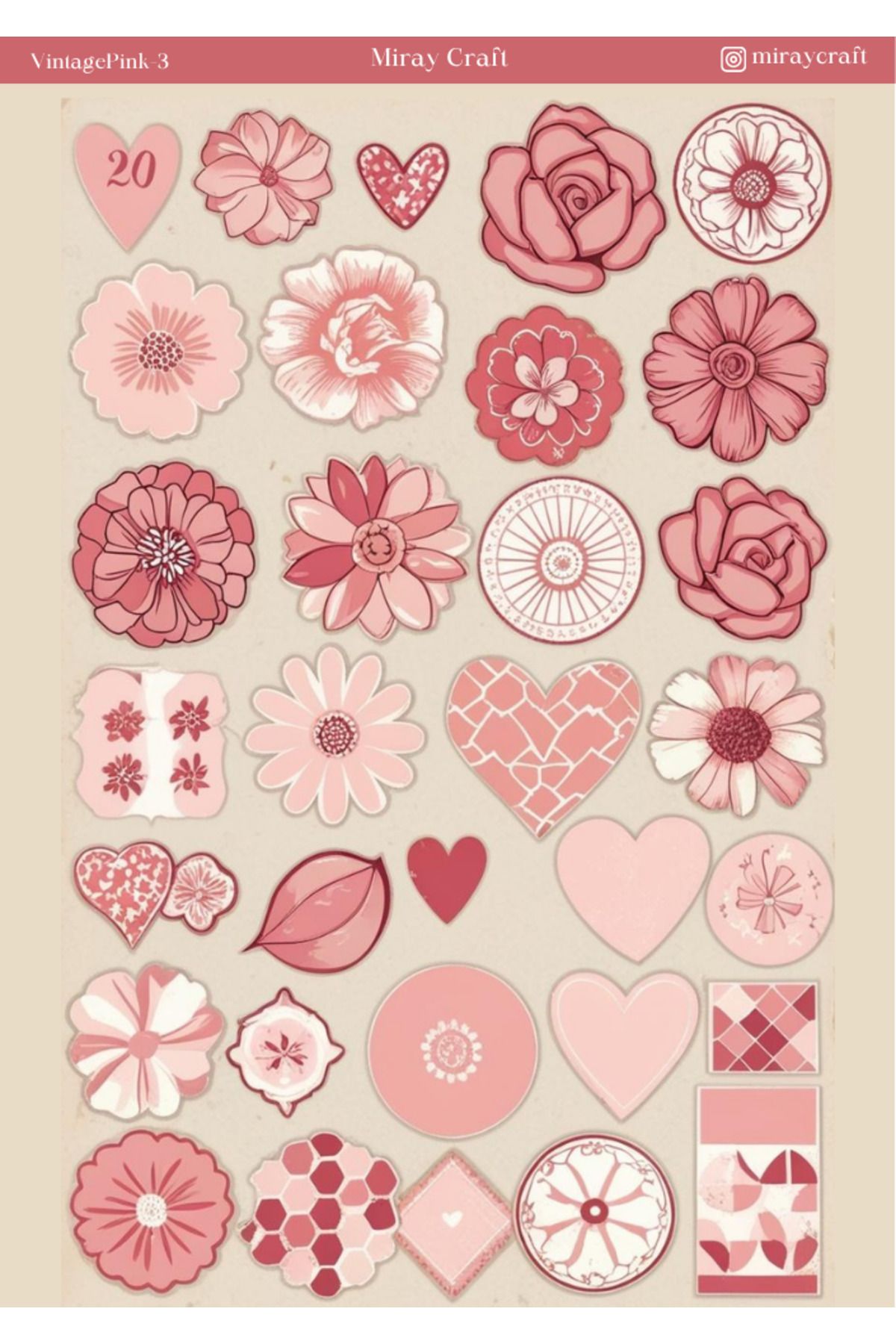 MirayDesign 1 Adet Pembe Vintage Temalı Sticker (12x17 cm) Bullet Journal,Scrapbook, Ajanda ve Planlayıcı İçin