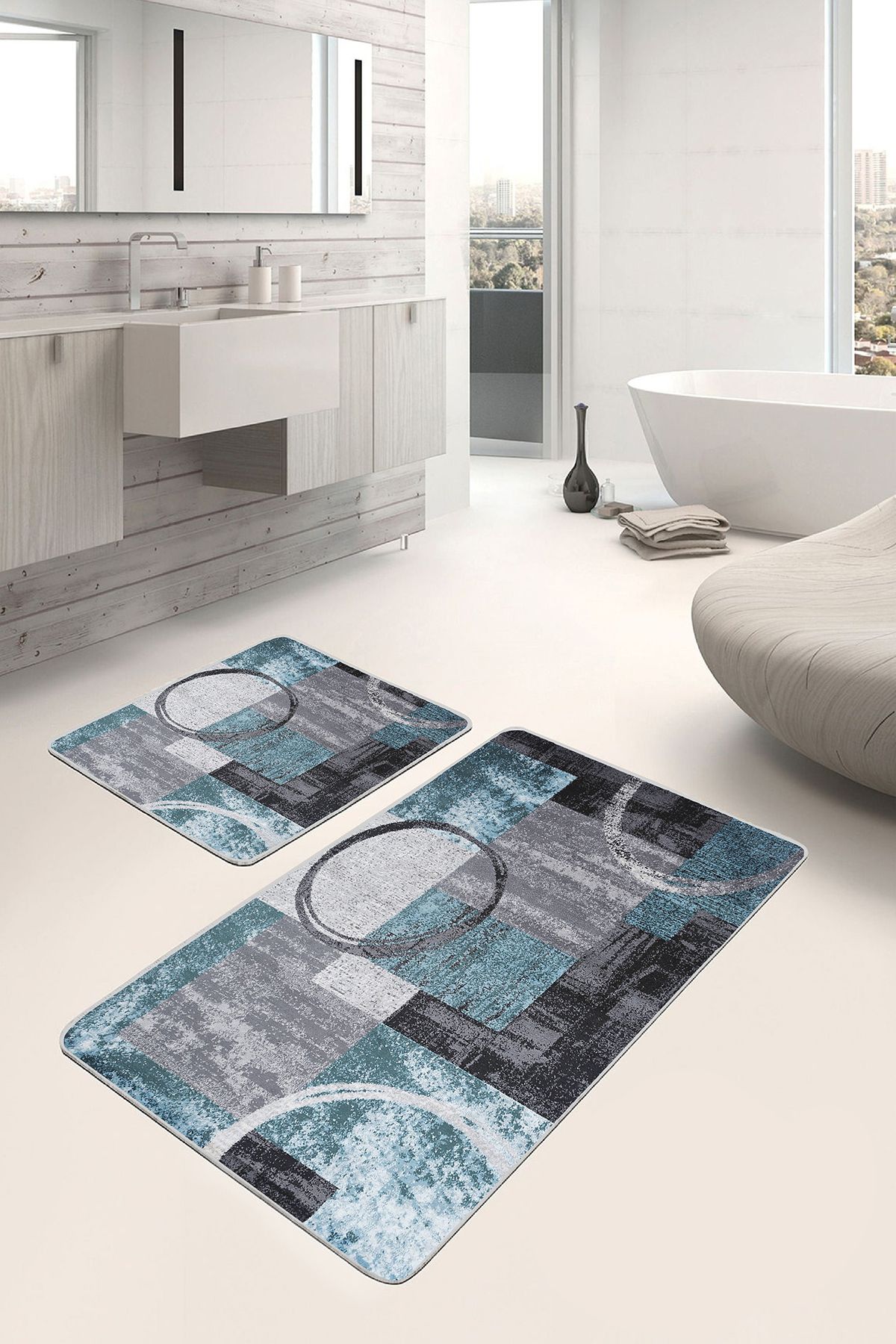 Realhomes 2'li Set Turkuaz Zeminde Eskitme Motifli Geometrik Sade & Şık Geometrik 2'li Banyo Paspas Takımı