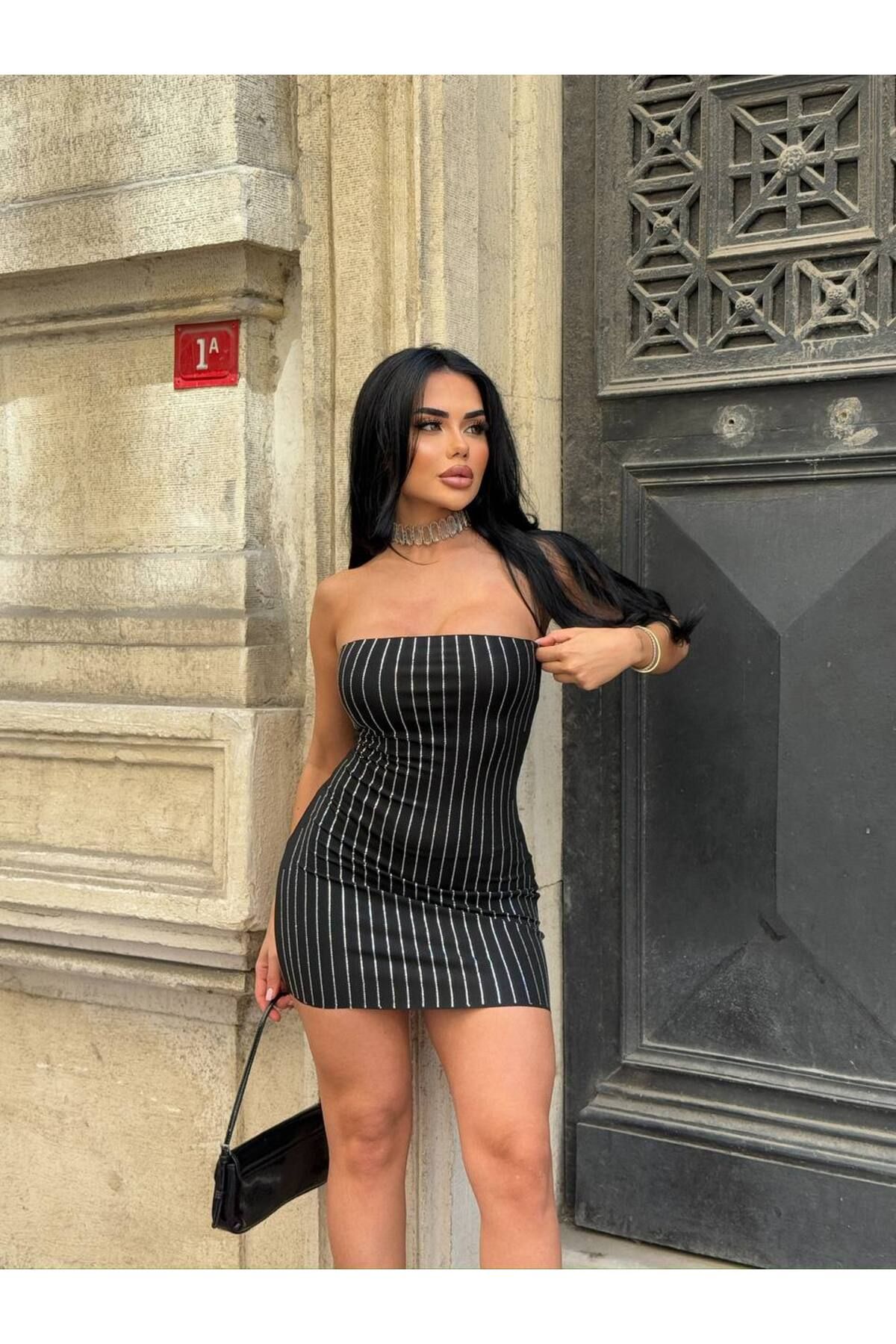 limited black Mini Boy Zirkonyum Taşlı Straplez Elbise