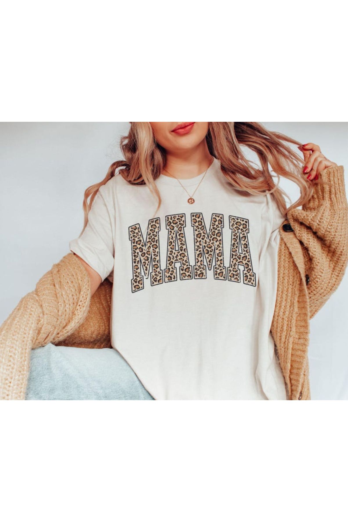 aynewmoda Sweet Line Leopar Mama Baskılı Beyaz Jersey Tişört - Büyük Boy Yuvarlak Yaka Tişört