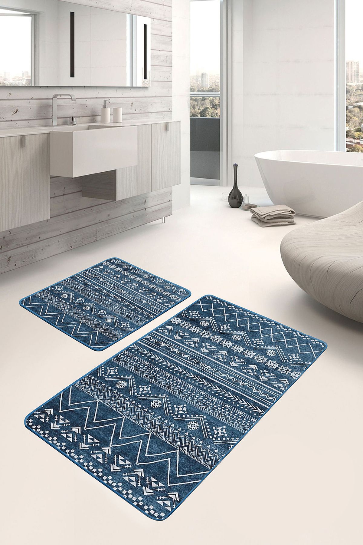 Realhomes Lacivert Zeminde Iskandinav Motifli Etnik Geometrik Etnik Motifler 2'li Banyo & Mutfak Paspas Takımı