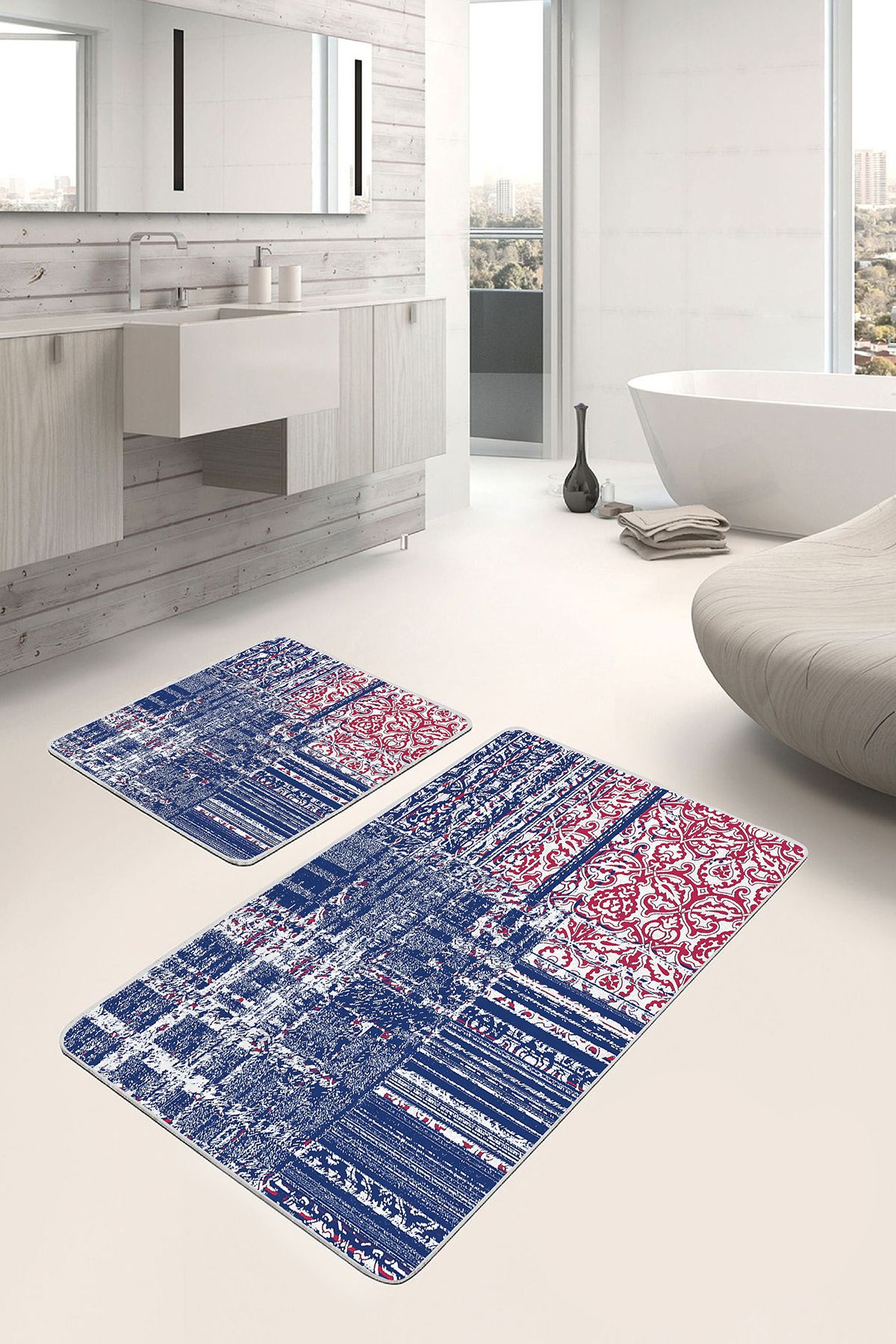 Realhomes Lacivert - Kırmızı Zeminde Eskitme Motifli Örgü Desenli Eskitme Motifli 2'li Banyo Paspas Takımı