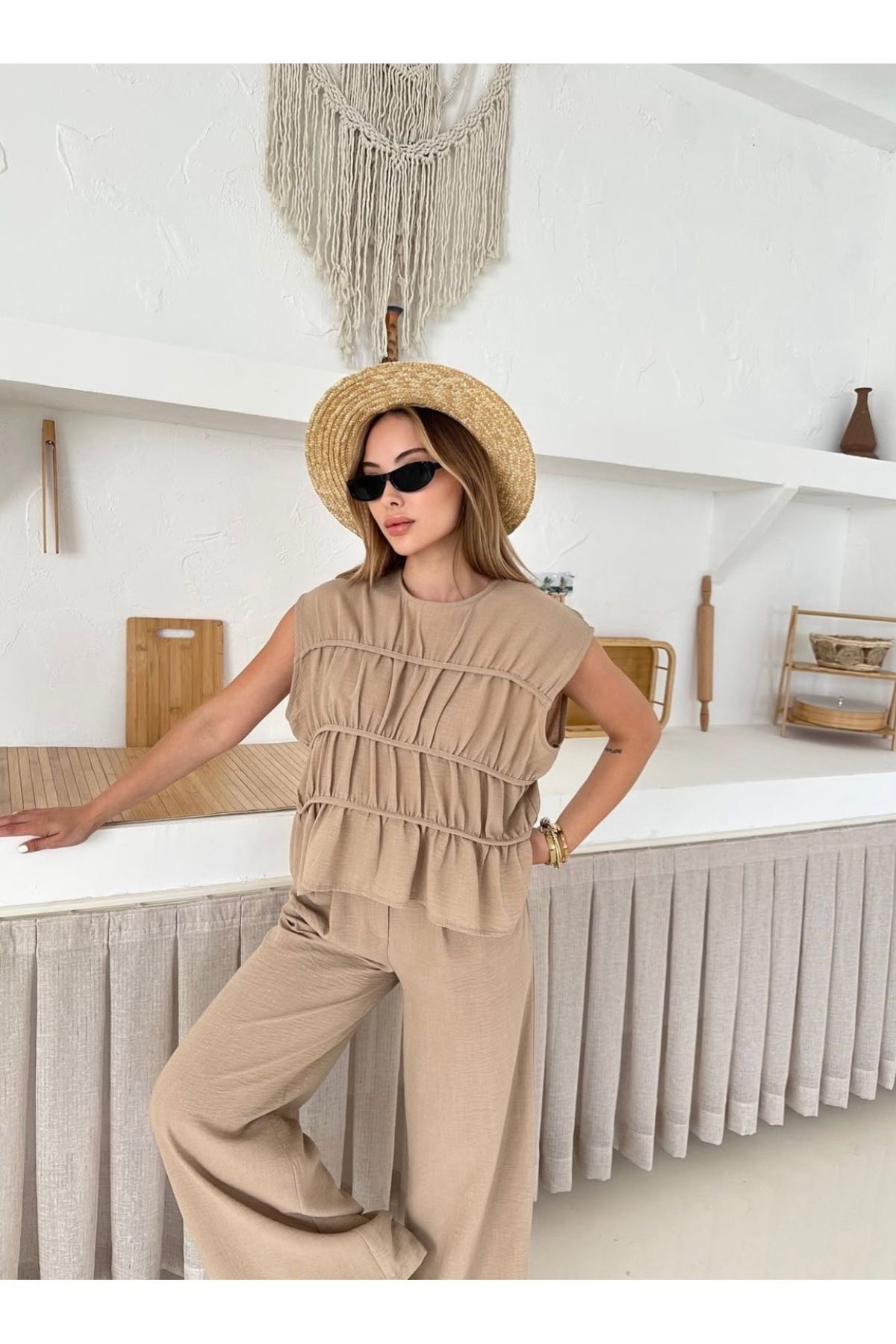 Ekim Store Biyeli Lastikli Bluz Pantolon Takım