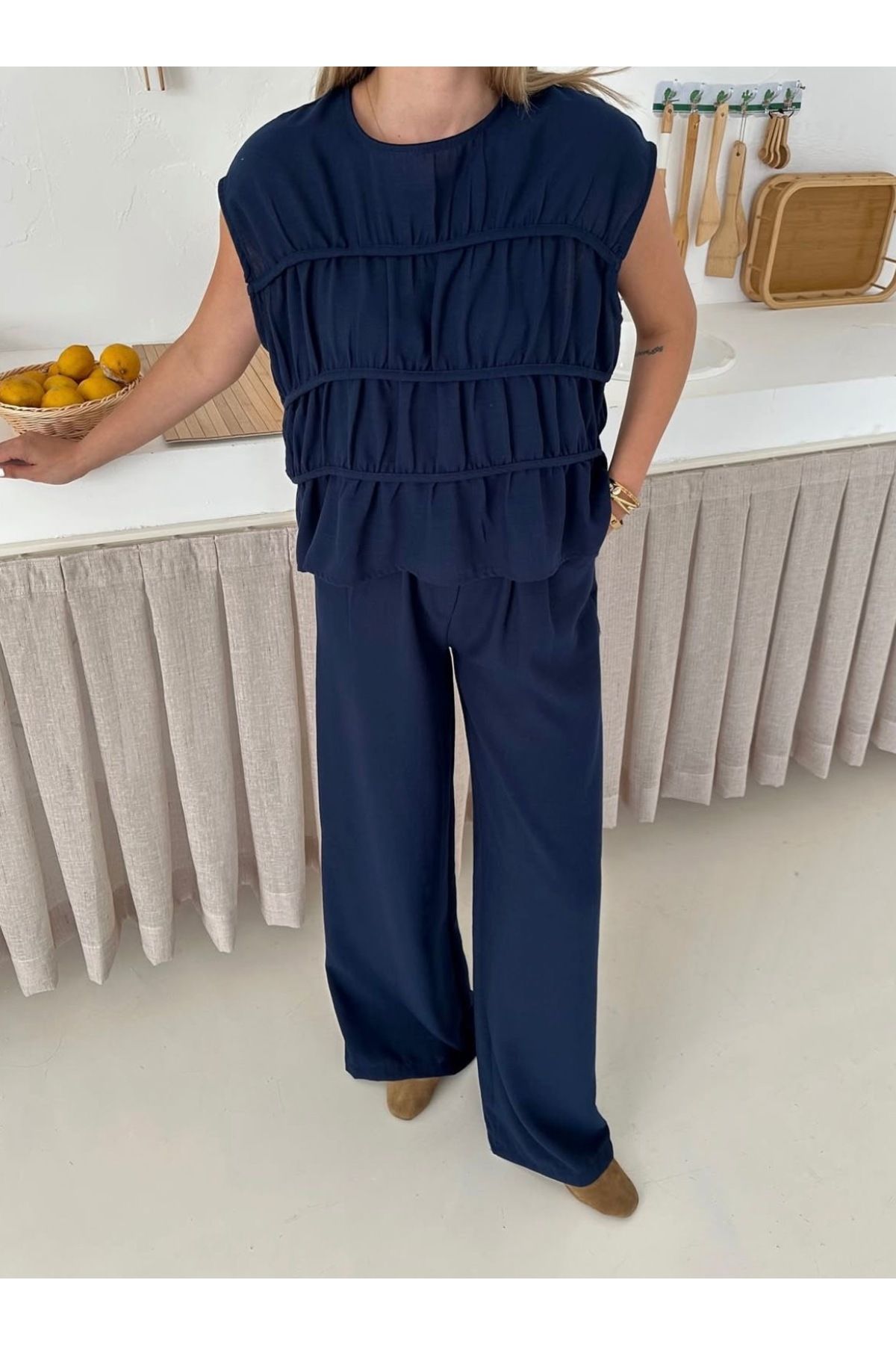 Ekim Store Biyeli Lastikli Bluz Pantolon Takım