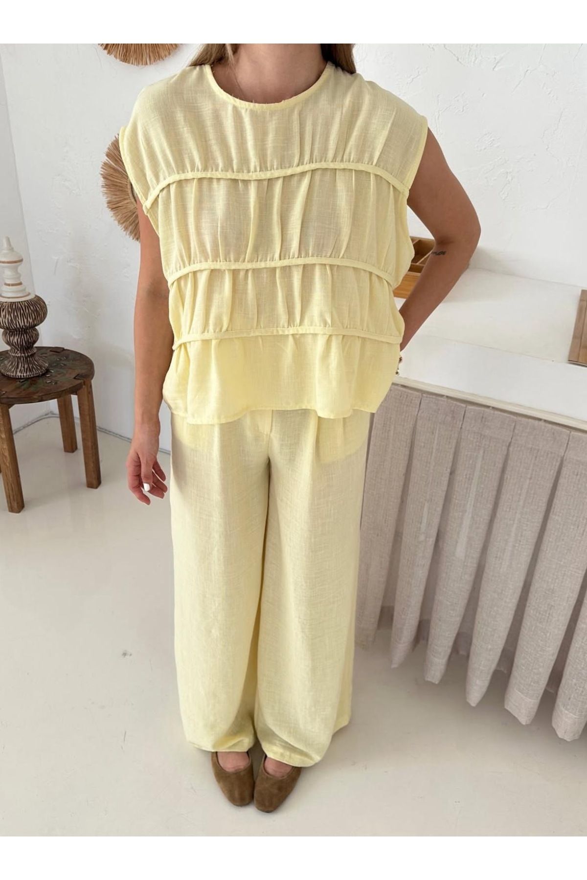 Ekim Store Biyeli Lastikli Bluz Pantolon Takım