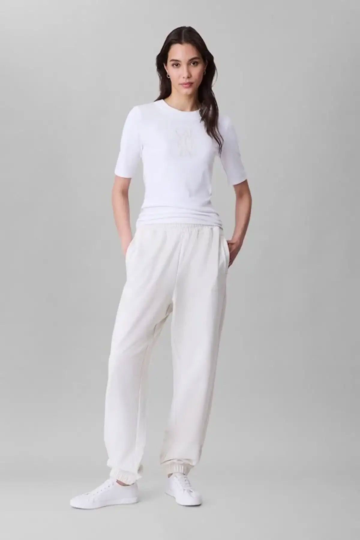 Calvin Klein Kadın French Terry Logolu Eşofman Altı - Ekru