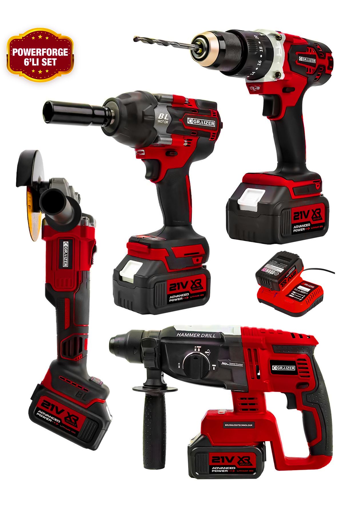 Graizer Powerforge 21v Akülü Matkap & Taşlama & Kırıcı Delici Hilti & Somun Sıkma Sökme 4'lü Set-Kırmızı
