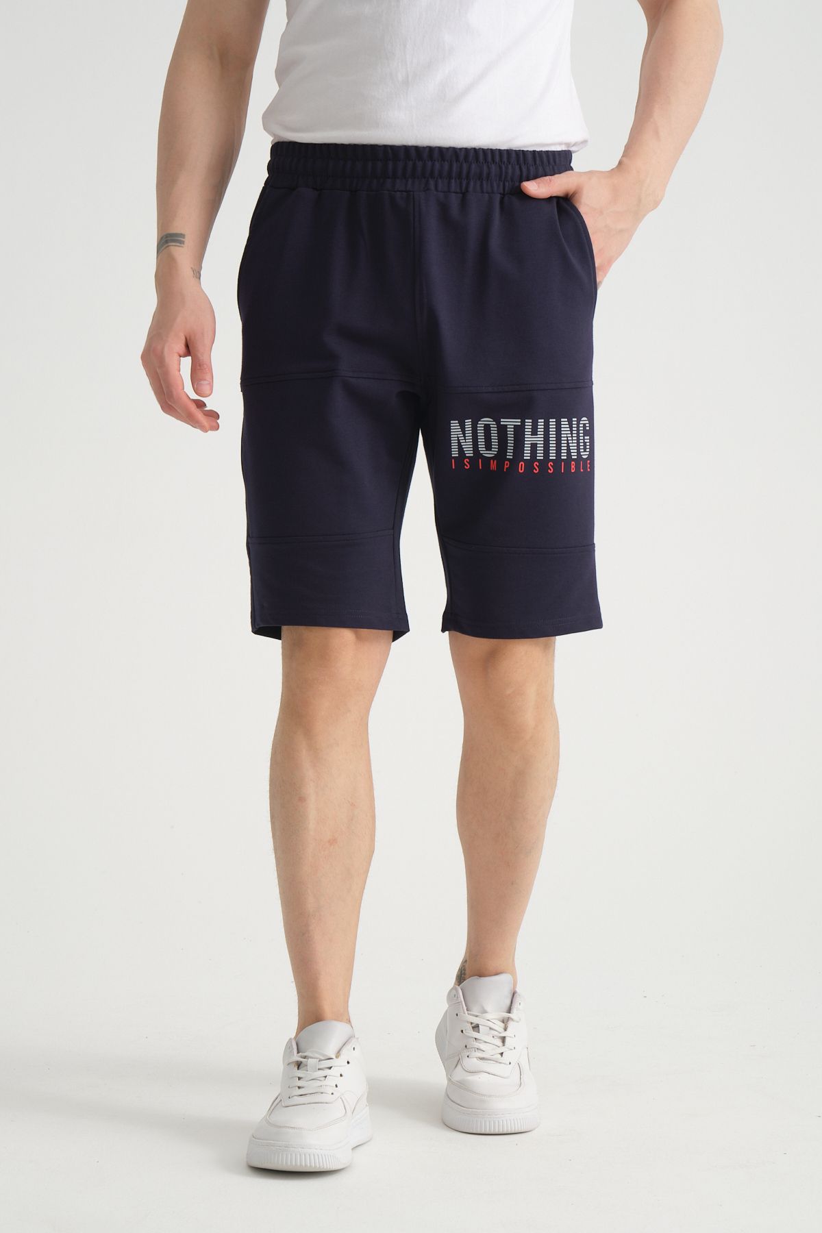 Shooter Sportswear Premium Erkek Şort Açık Lacivert Baskı Detaylı Fermuar Cep Detaylı Regular Kalıp