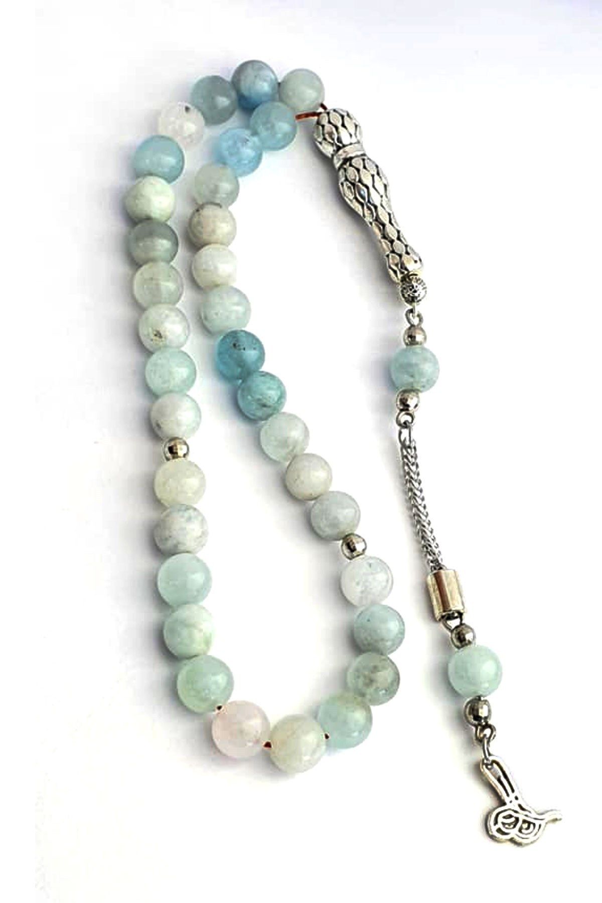 OSESHOP Doğal Aquamarin Taşlı Çelik Püsküllü Tesbih