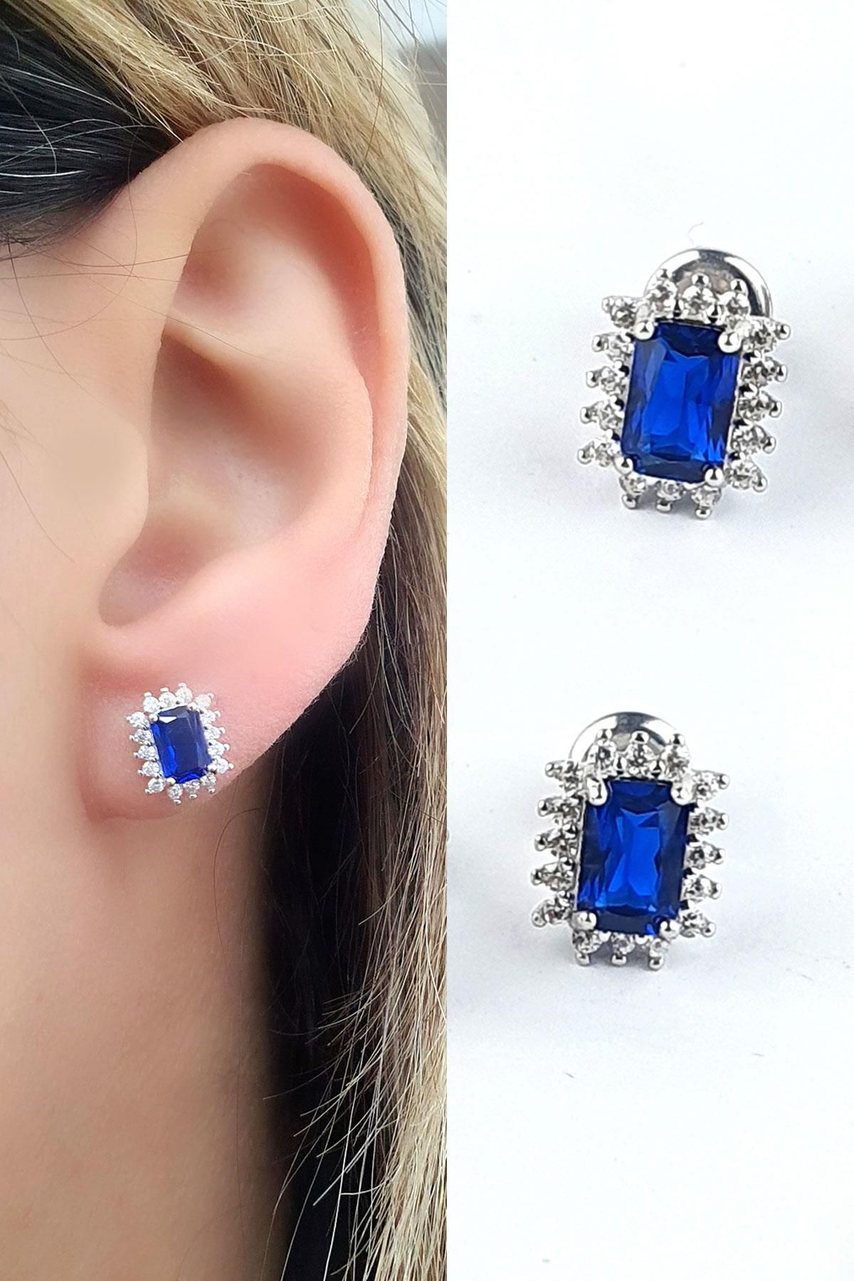 OSESHOP SKY DİAMOND BLUE Creative Sapphire 925ayar Gümüş Baget Tek Taş Küpe