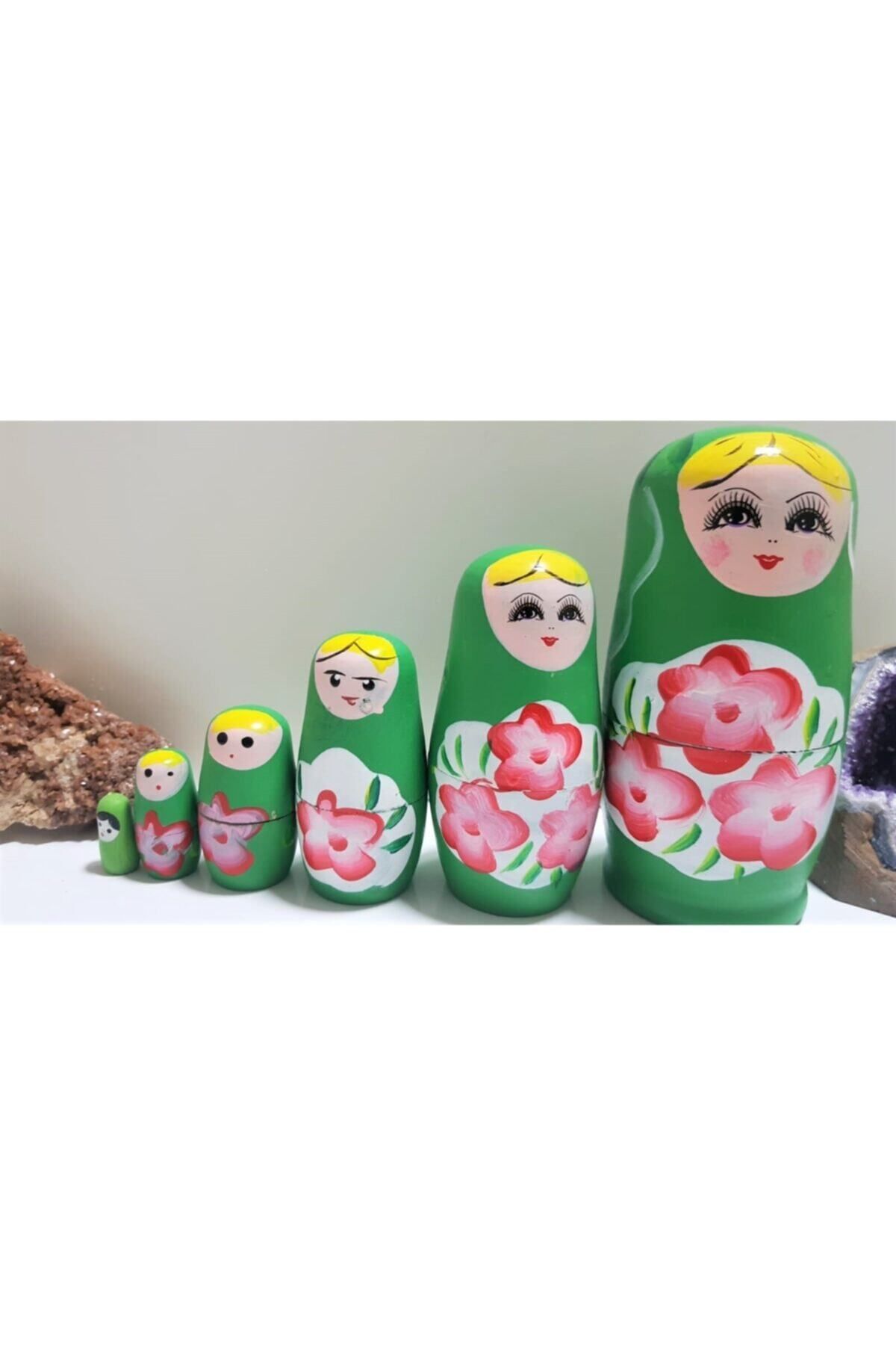 Elioure Altı adet iç içe geçen yeşil ahşap matruşka bebek seti