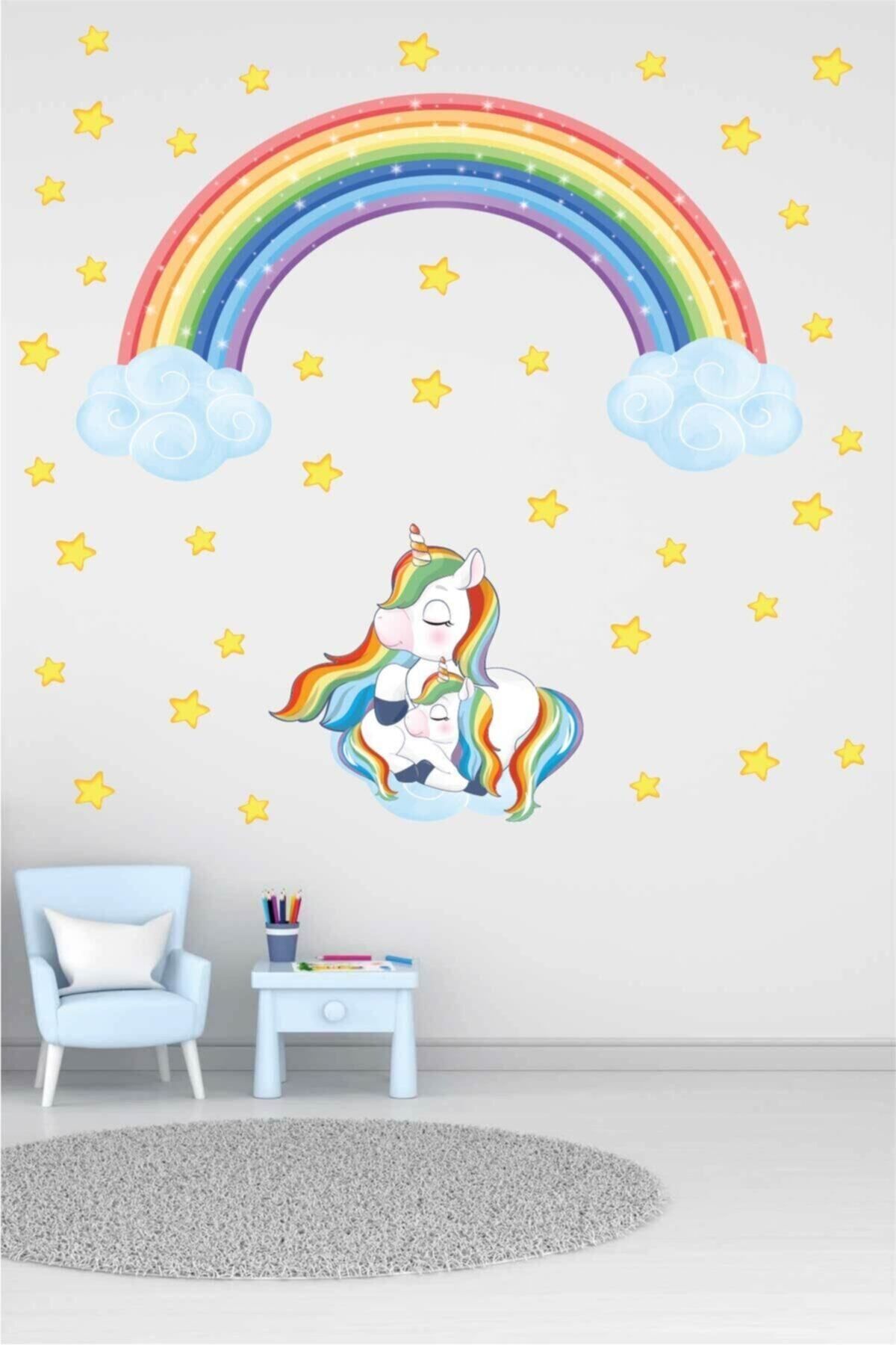 Elioure Renkli Çocuk Odası Dekorasyonu, Gökkuşağı ve Unicorn Teması