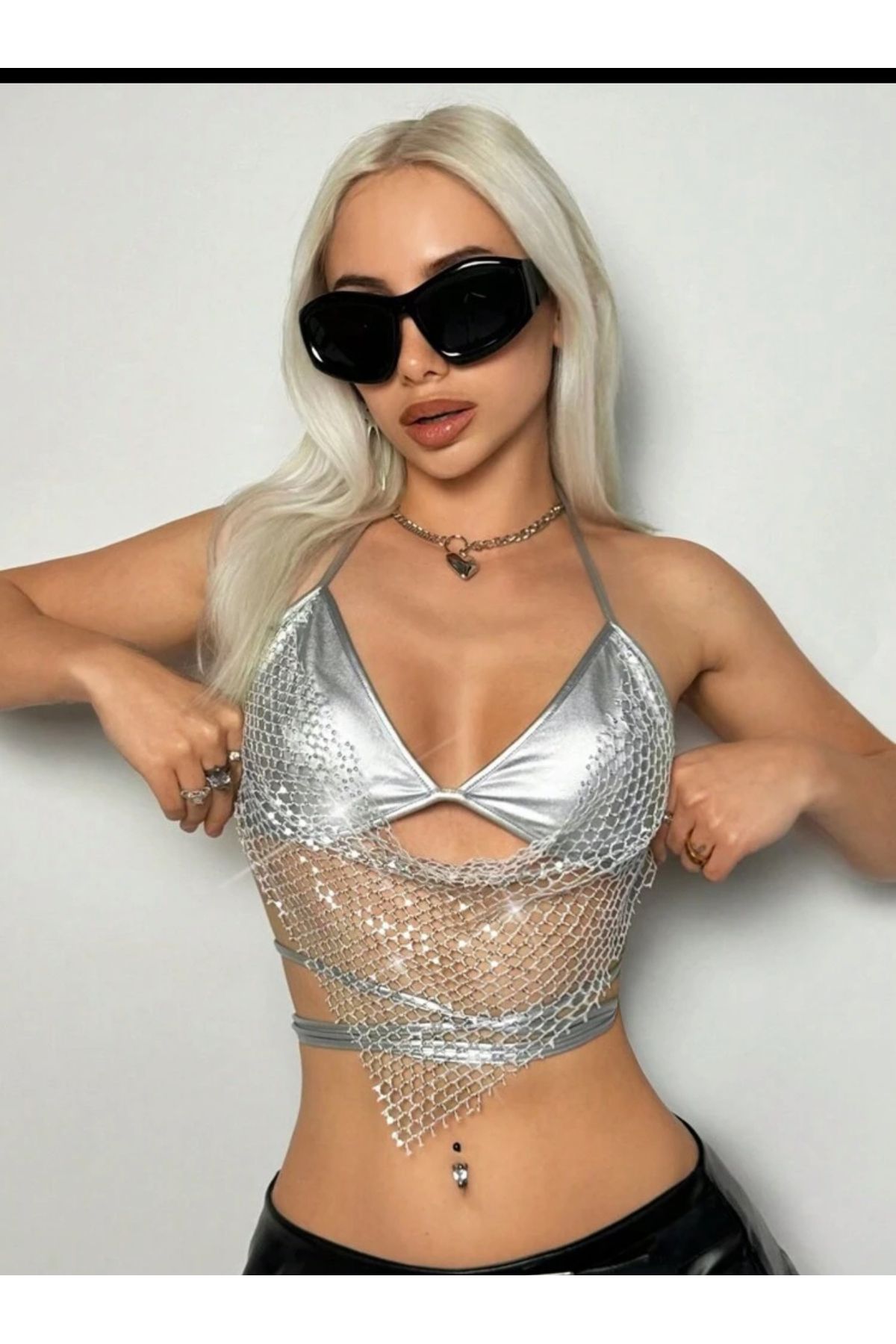 Y2K Silver gümüş detaylı crop