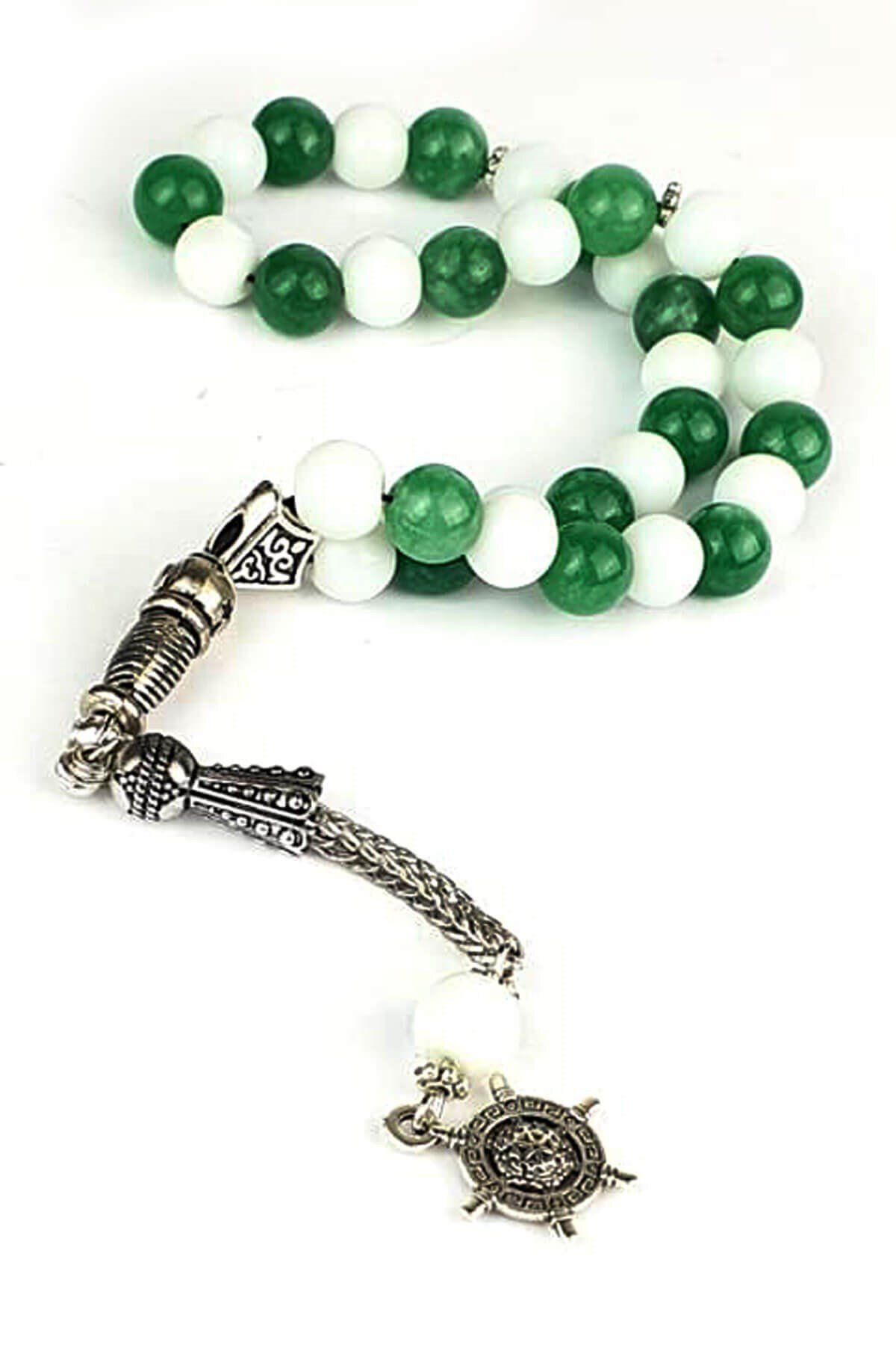 OSESHOP Doğal Yeşim ve beyaz oniks taşlı çelik imameli tasarım tesbih