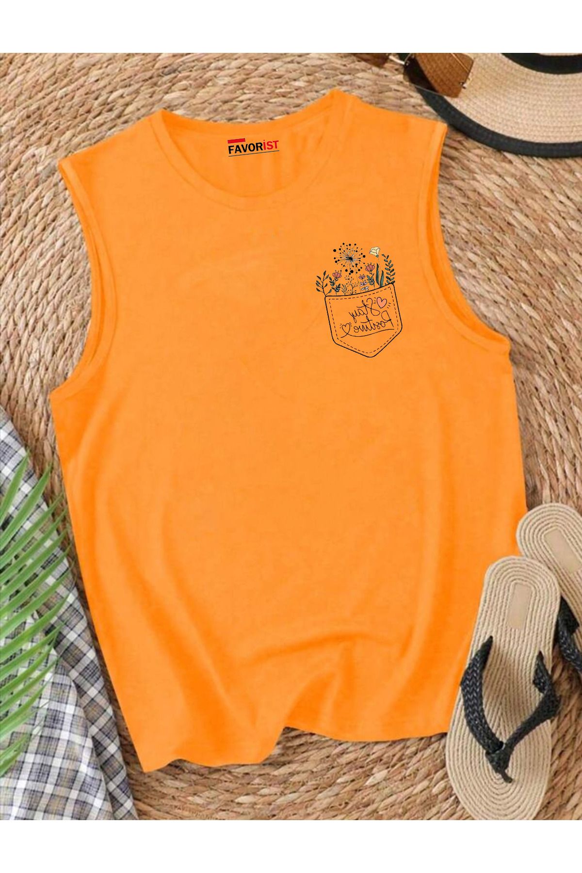 FAVORİST STAY POSITIVE Çiçek Baskılı Omuzu Açık Kadın Pamuklu Kolsuz Yazlık T-shirt Atlet