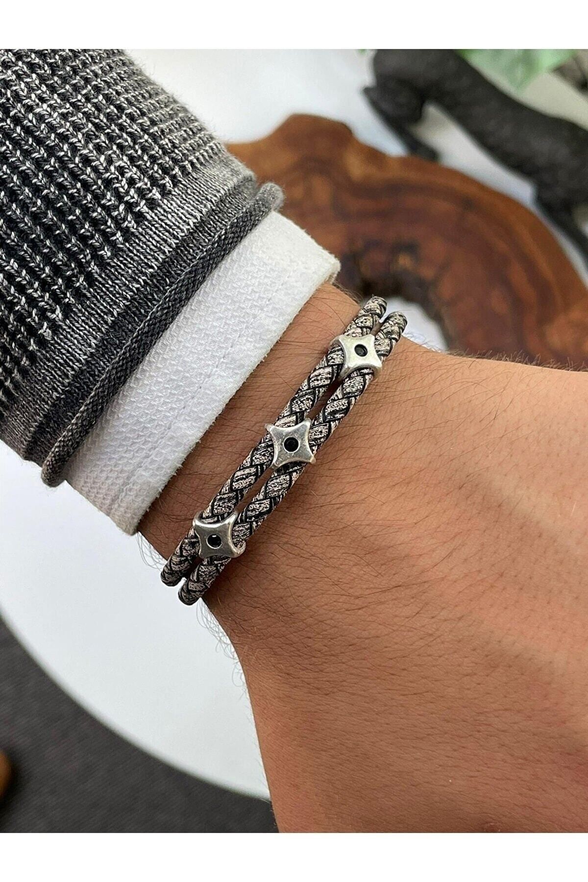 OSMANLI GÜMÜŞ Erkek Zebra Model Zirkon Taşlı Üçlü Ninja Yıldızı Shuriken Çift Hakiki Deri Bileklik