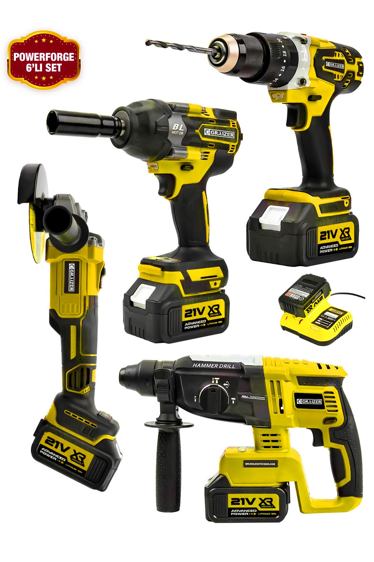 Graizer Powerforge 21v Akülü Matkap & Taşlama & Kırıcı Delici Hilti & Somun Sıkma Sökme 4'lü Set-Sarı