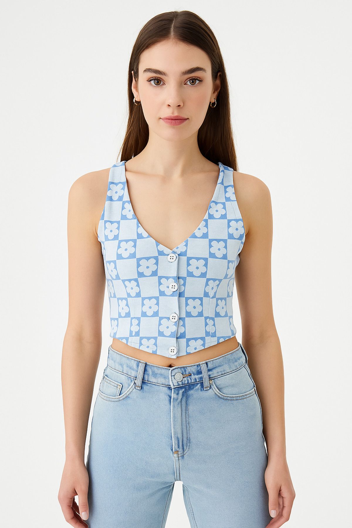 SADE İnce askılı mavi çiçekli crop T shirt