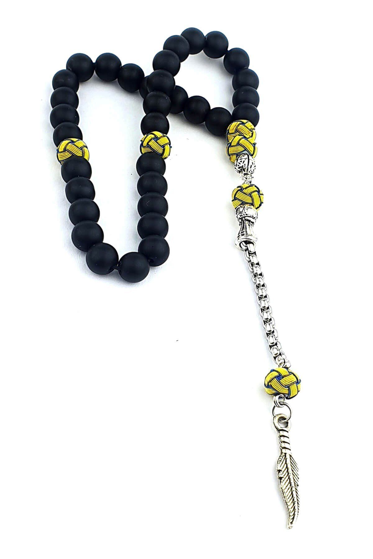 OSESHOP Mat Oniks Taşlı Sarı Lacivert Kazaziye Detaylı Çelik Püsküllü Tesbih