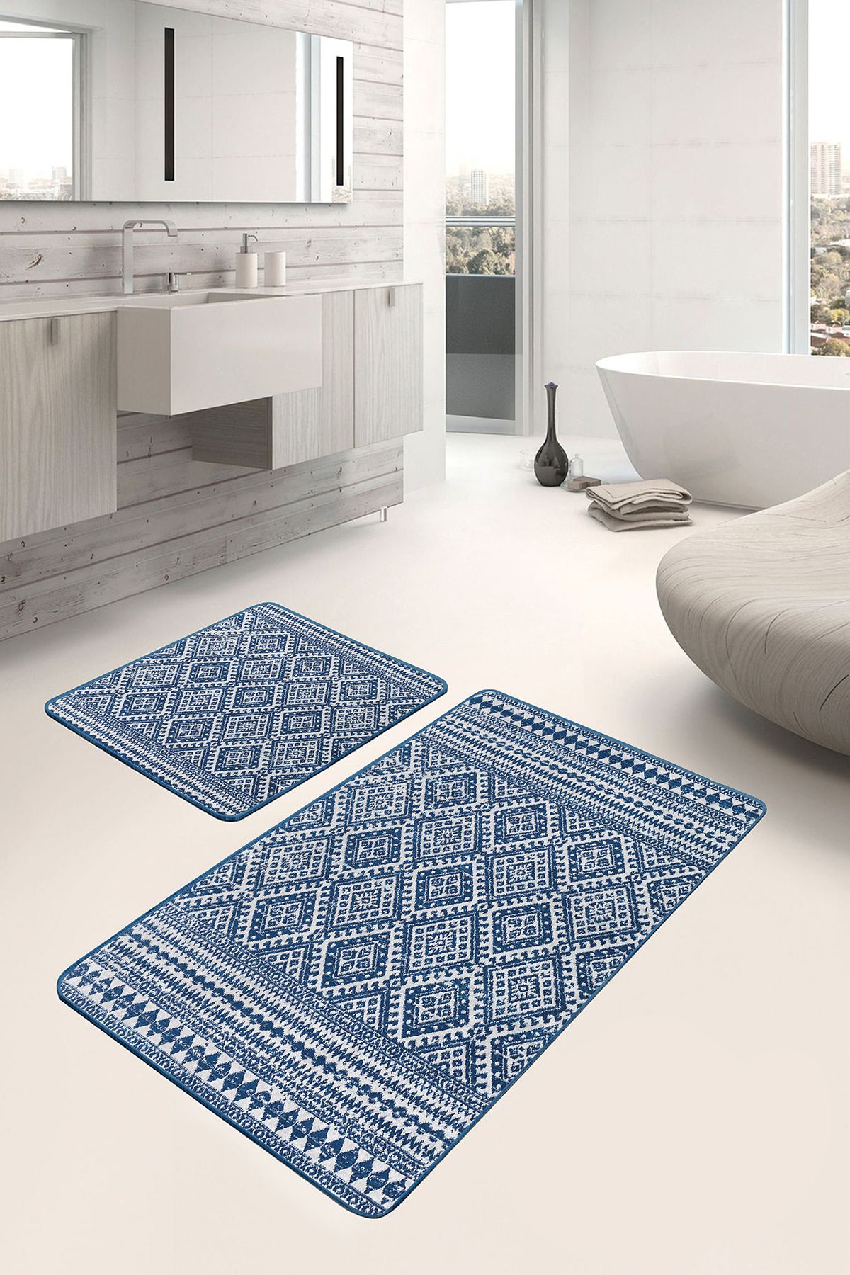 Realhomes Lacivert Zeminde Geleneksel Motifli Kilim Geometrik Etnik Motifler 2'li Banyo & Mutfak Paspas Takımı