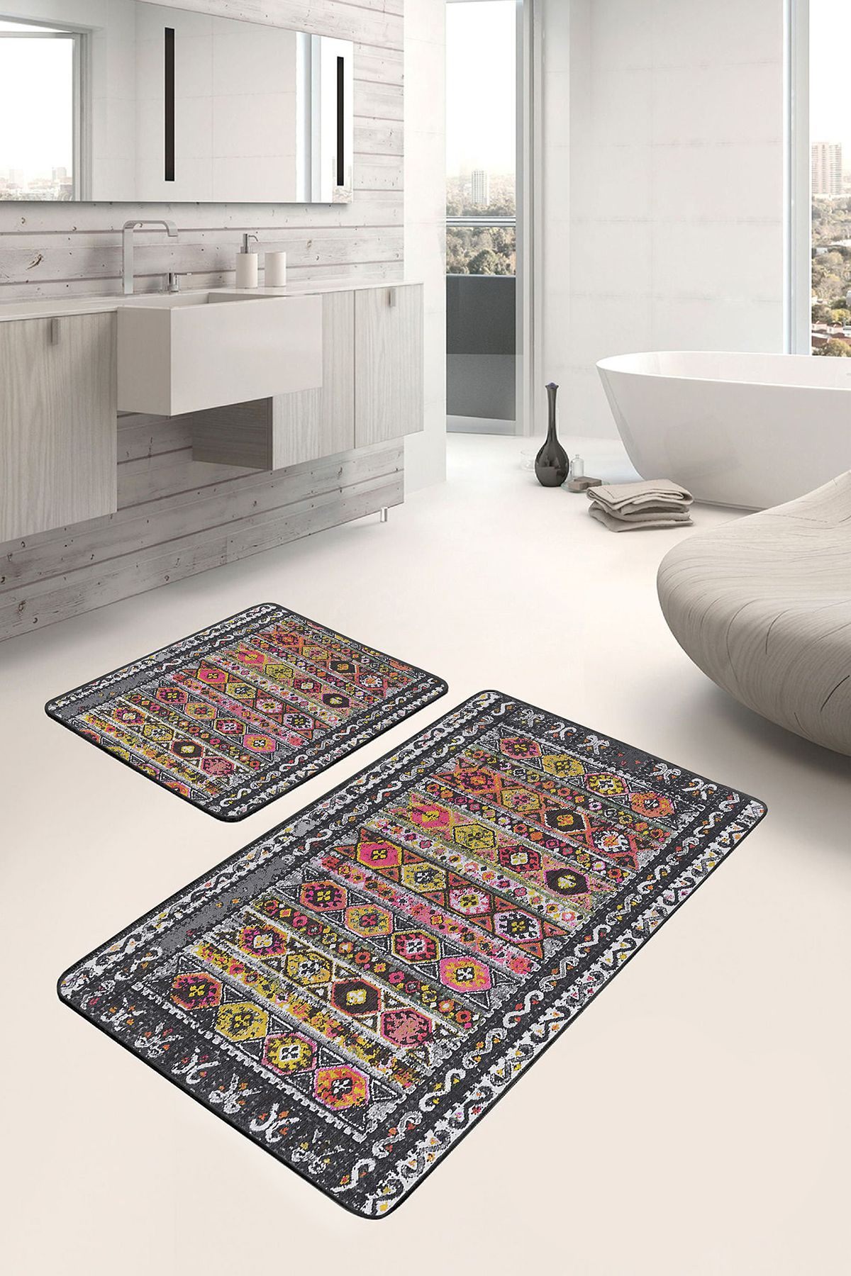 Realhomes Antika Zeminde Otantik Motifli Uşak Eskitme Motifli Etnik Motifler 2'li Banyo & Mutfak Paspas Takımı