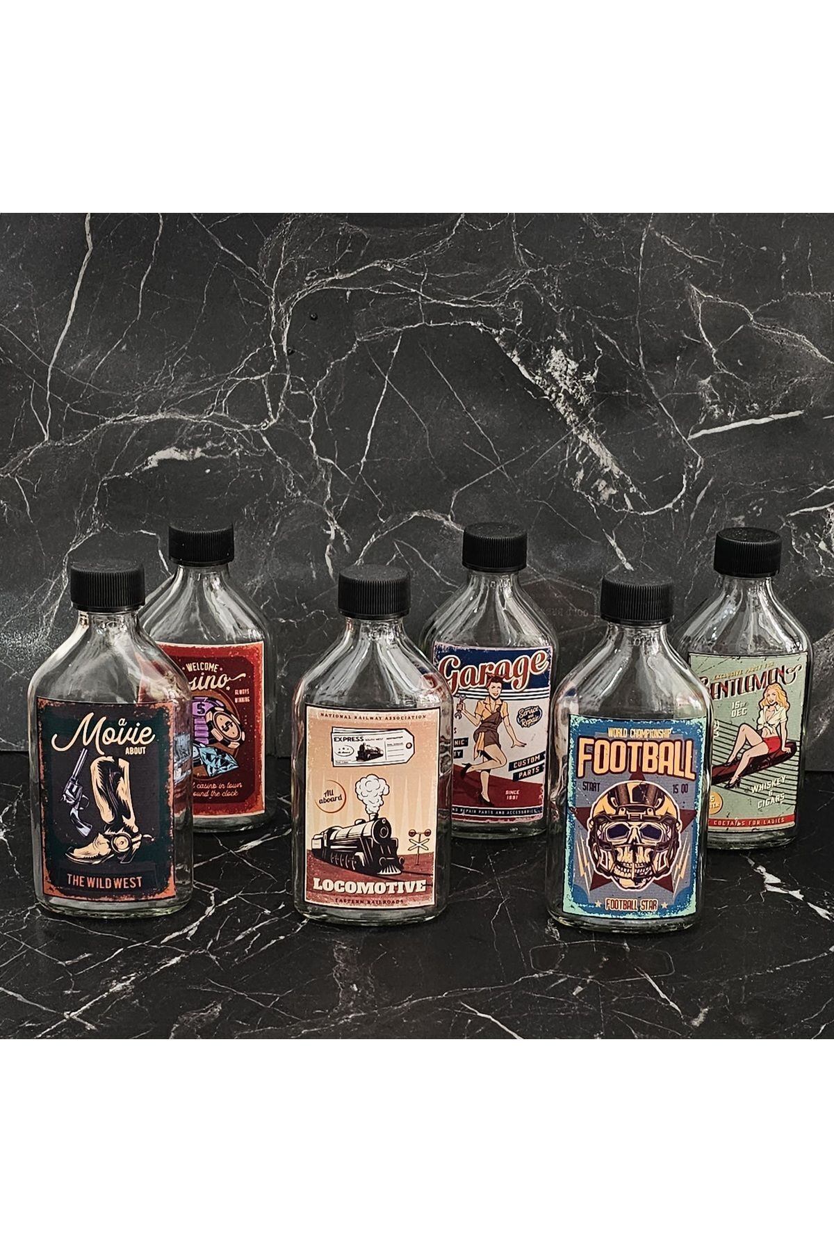 teknotrust Şeffaf 200 ml 6'lı soğuk kahve şişesi, retro tasarım ve PVC etiketli