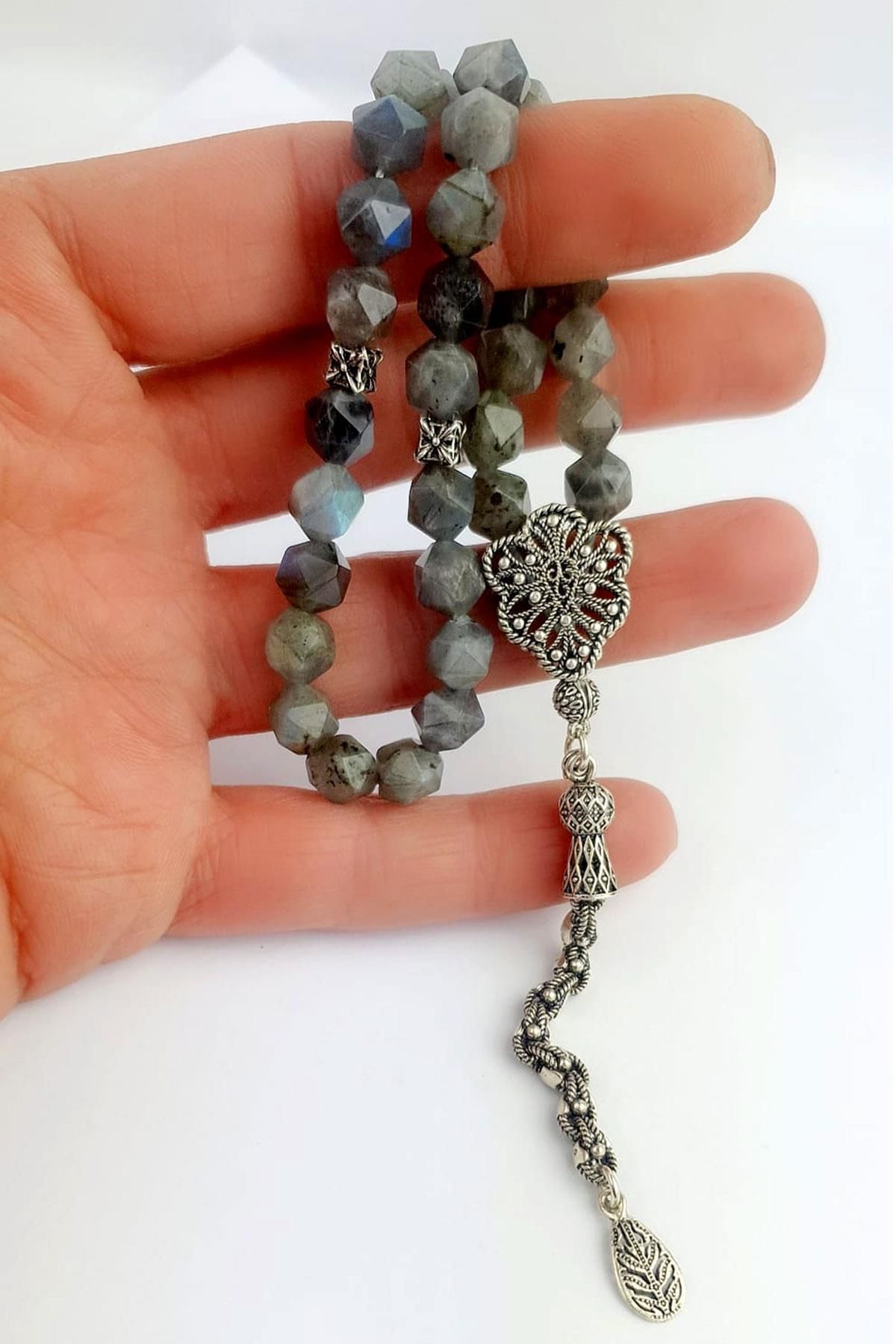 OSESHOP 925 ayar Gümüş Püsküllü ve İmameli Labrodorite Doğal Taş Tesbih