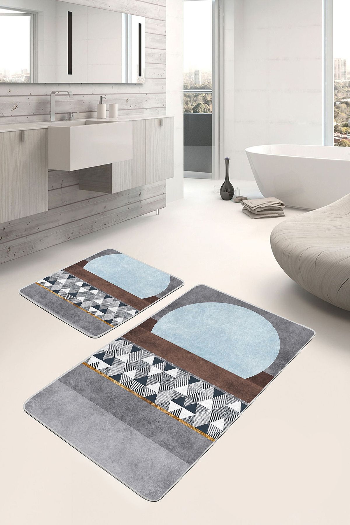 Realhomes Mavi - Kahverengi Zeminde Geometrik Motifli Kanvas Desenli Geometrik Klasik 2'li Banyo Paspas Takımı
