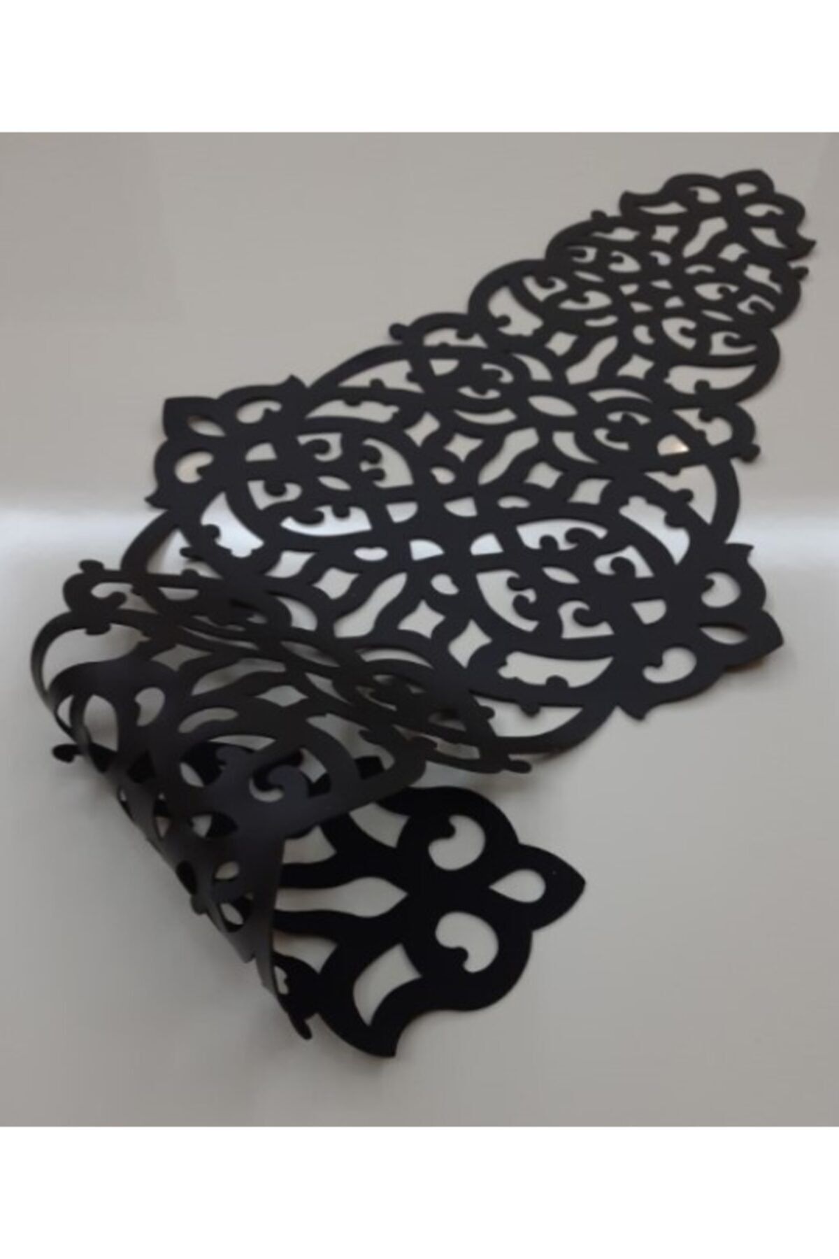 Elioure Siyah suni deri runner 100x40cm, yaprak ve çiçek motifli, 5 parça set